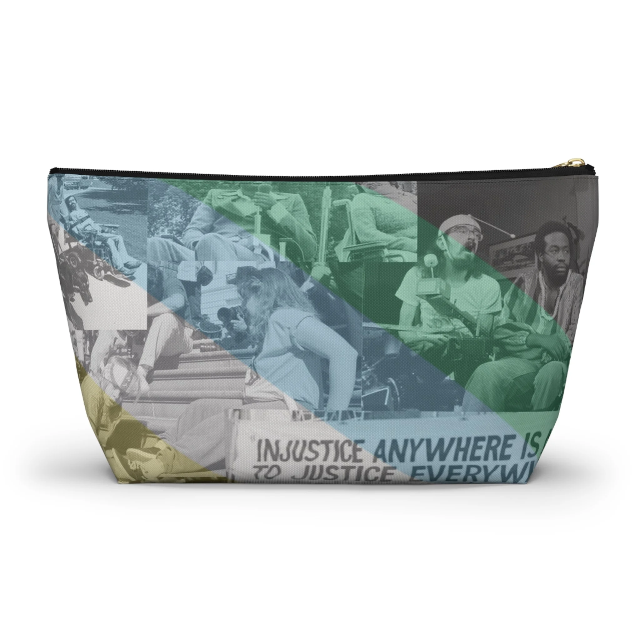 zipper pouch by Virgo Design with iconic images of disability rights activists draped in the disability pride flag