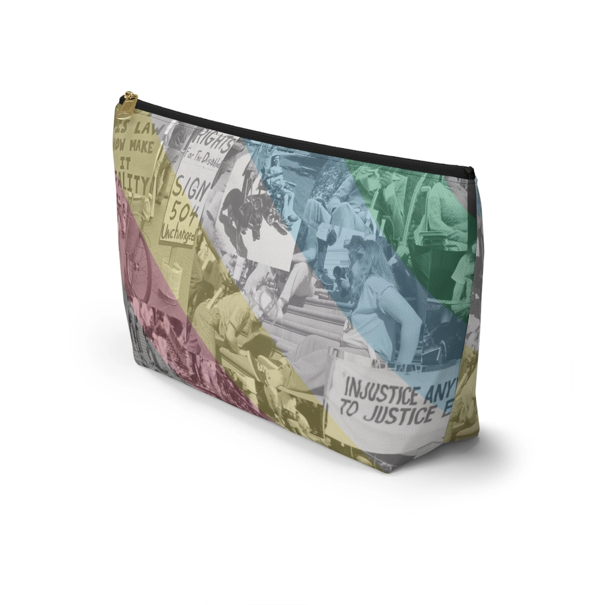 zipper pouch by Virgo Design with iconic images of disability rights activists draped in the disability pride flag