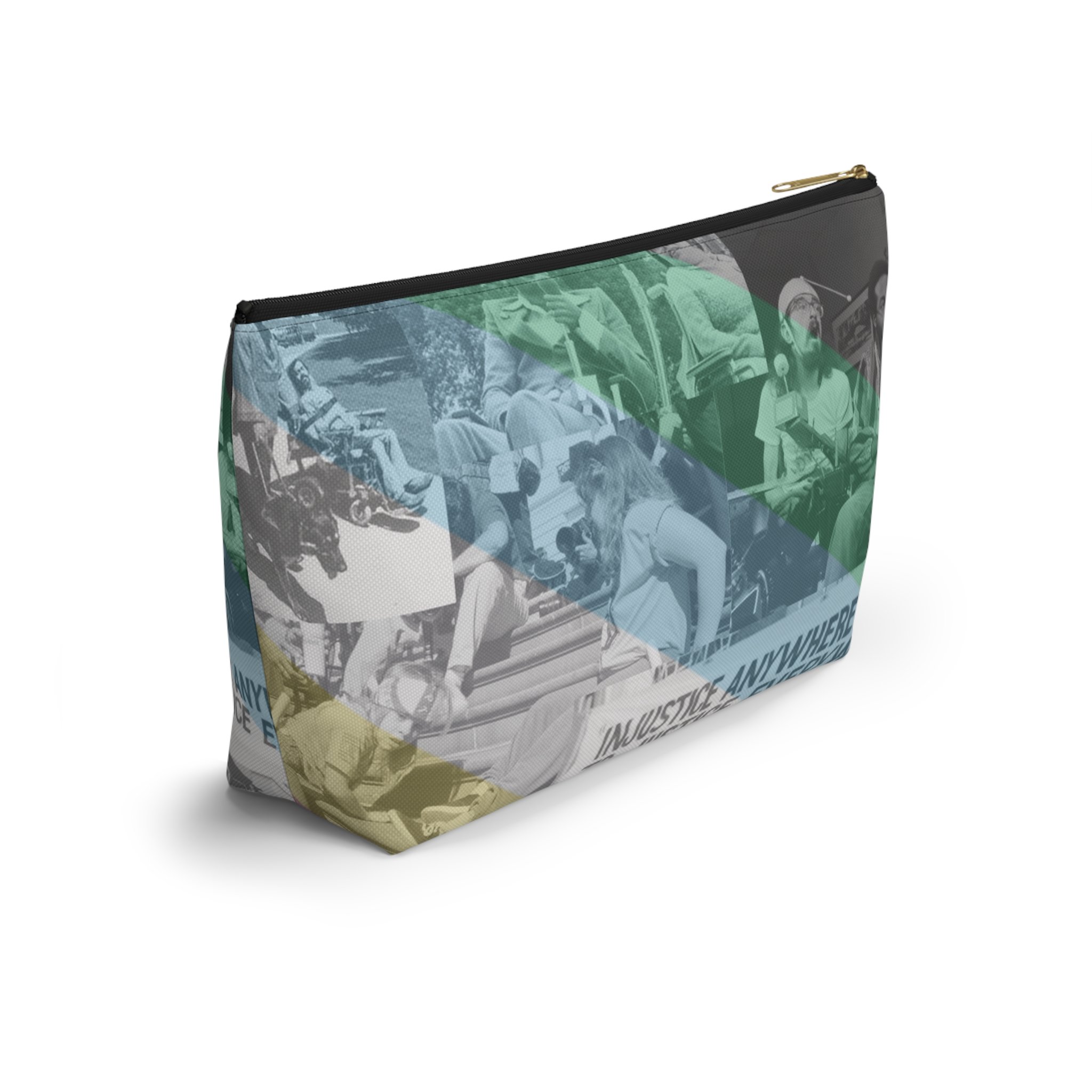 zipper pouch by Virgo Design with iconic images of disability rights activists draped in the disability pride flag