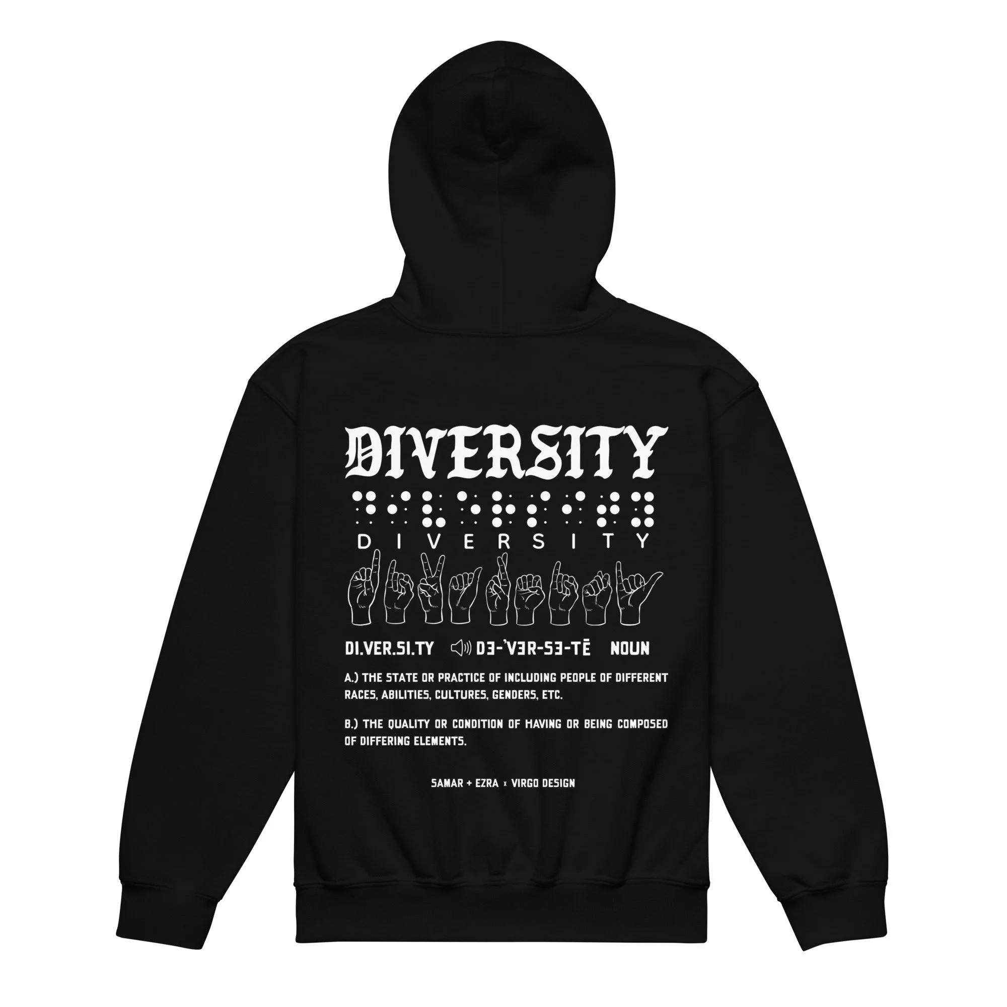 diversity or else hoodie in black by virgo design featuring braille and asl