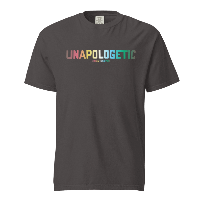 unapologetic disability pride tee featuring the colors of the disability pride flag by virgo design