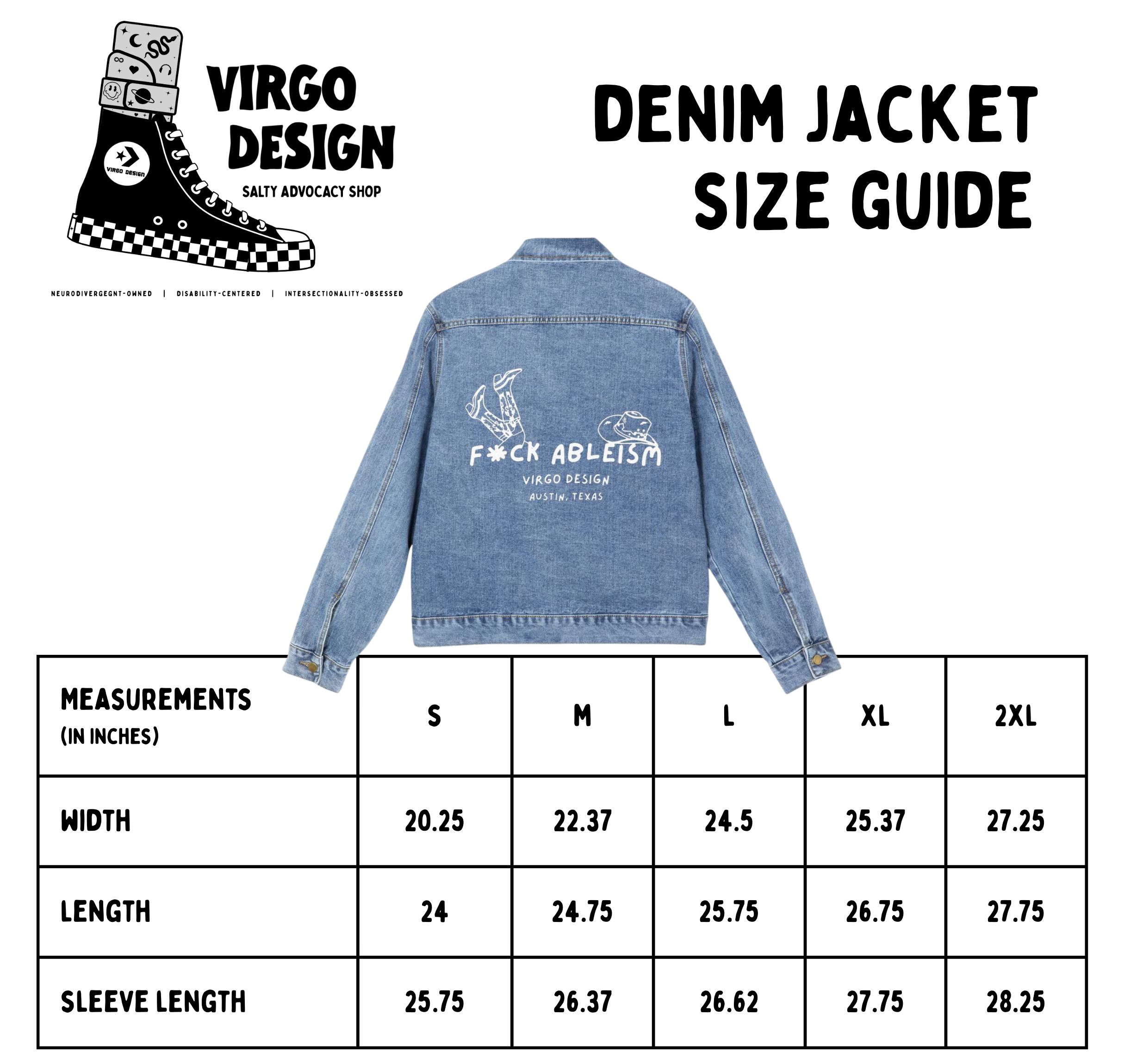 f*ck ableism denim jacket by virgo design size guide