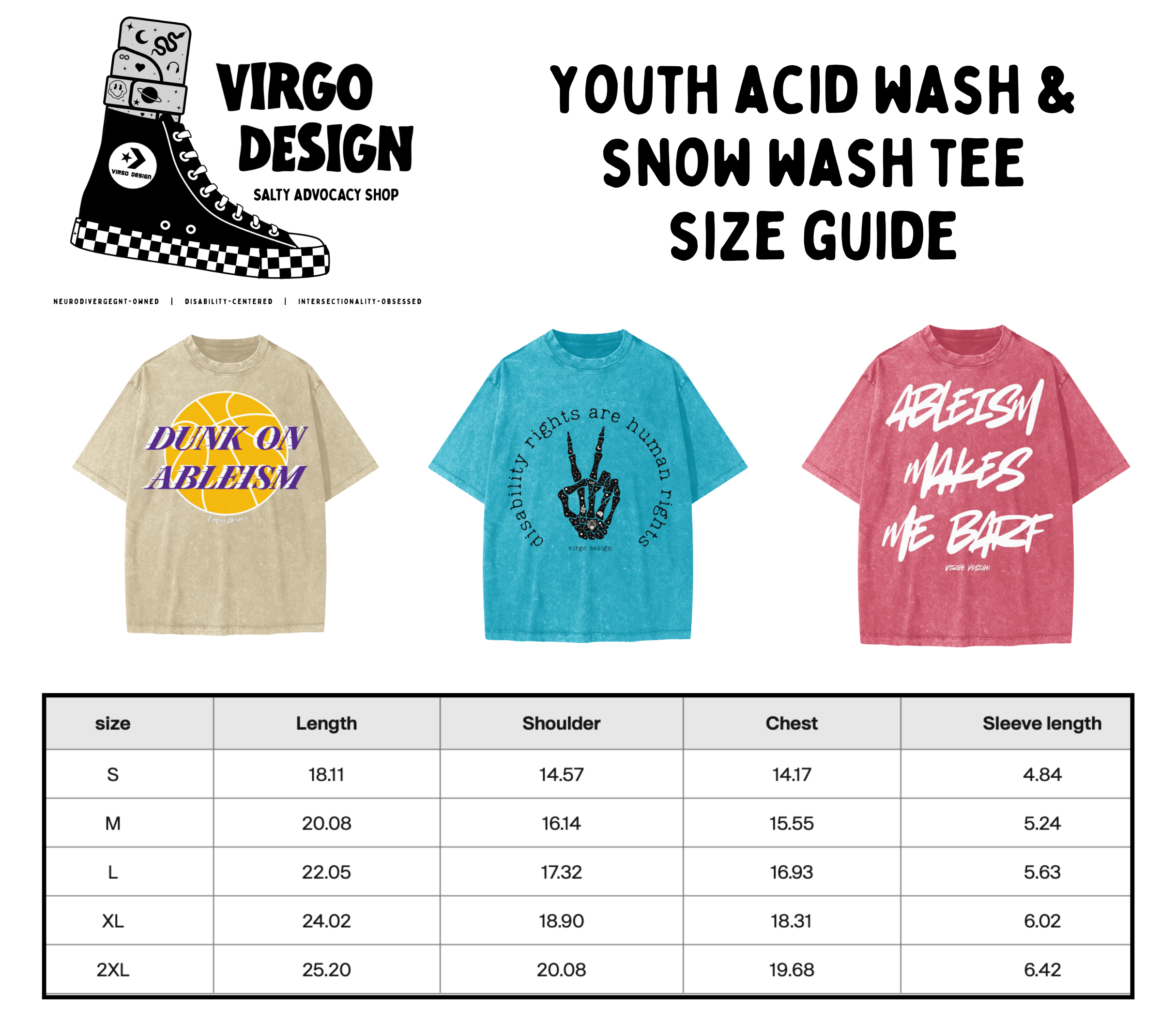 be inclusive or be gone youth snow washed tee by virgo design size guide