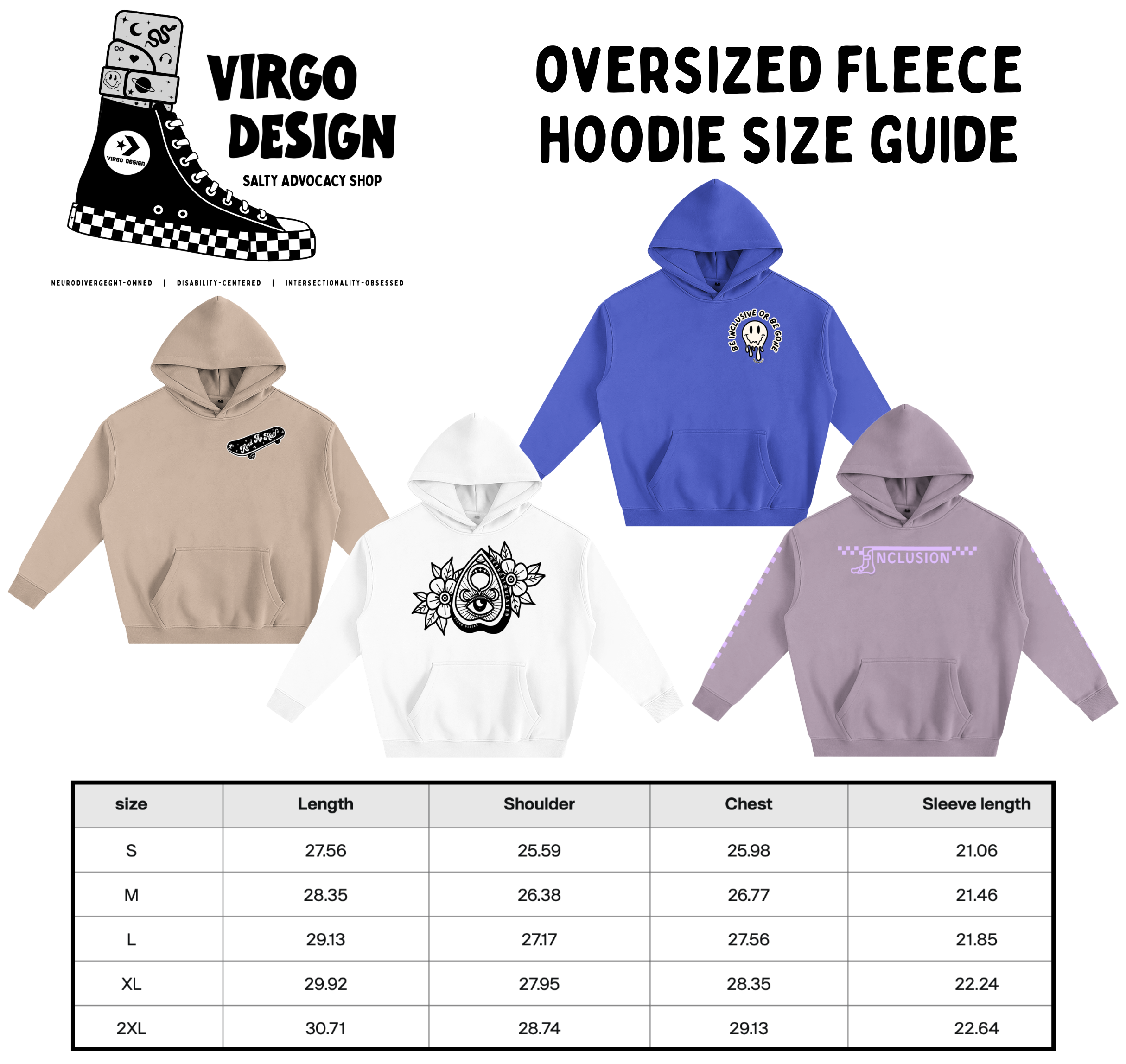 inclusion afo oversized fleece hoodie by virgo design size guide