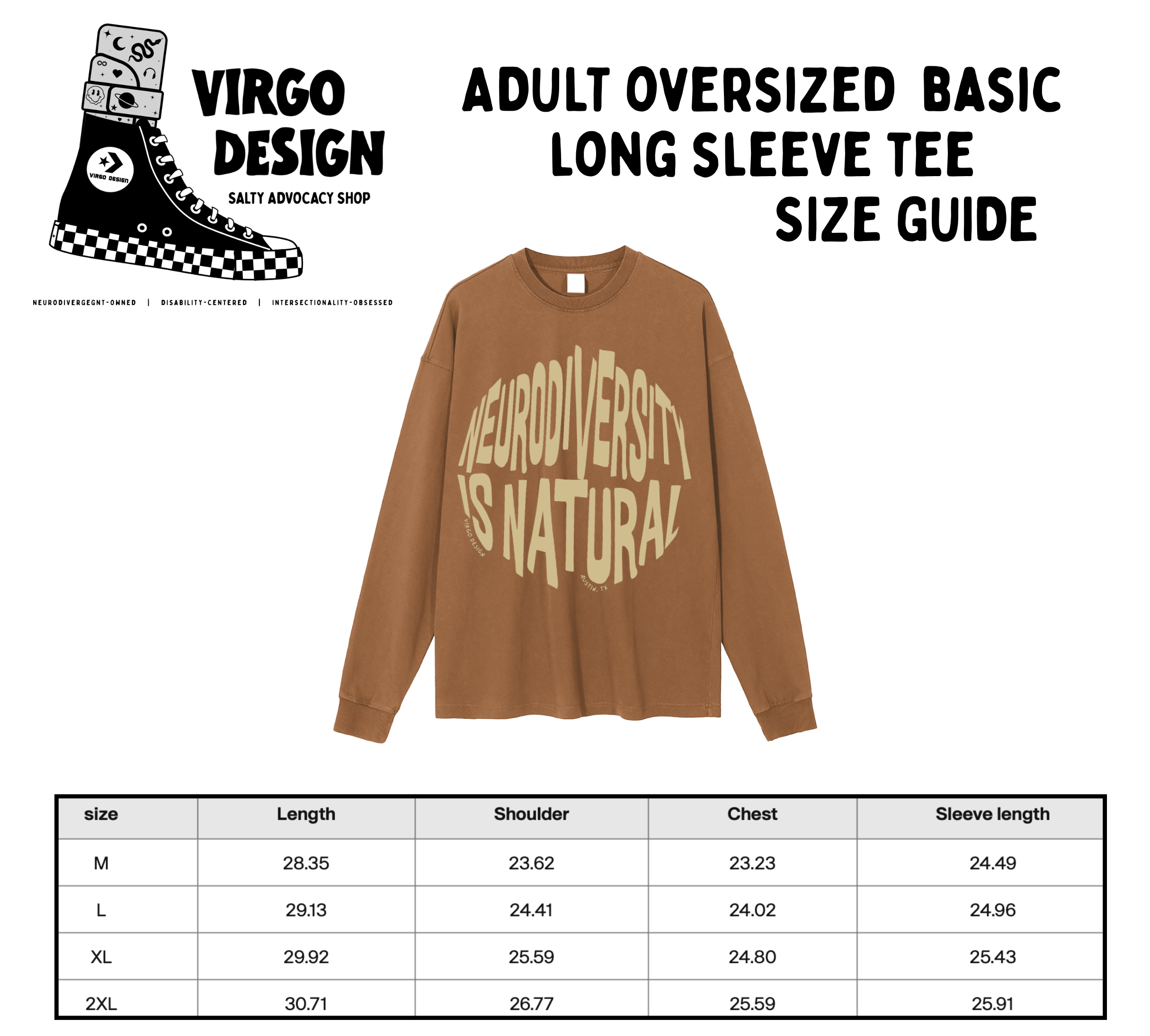 neurodiversity is natural 2.0 long sleeve tee size guide