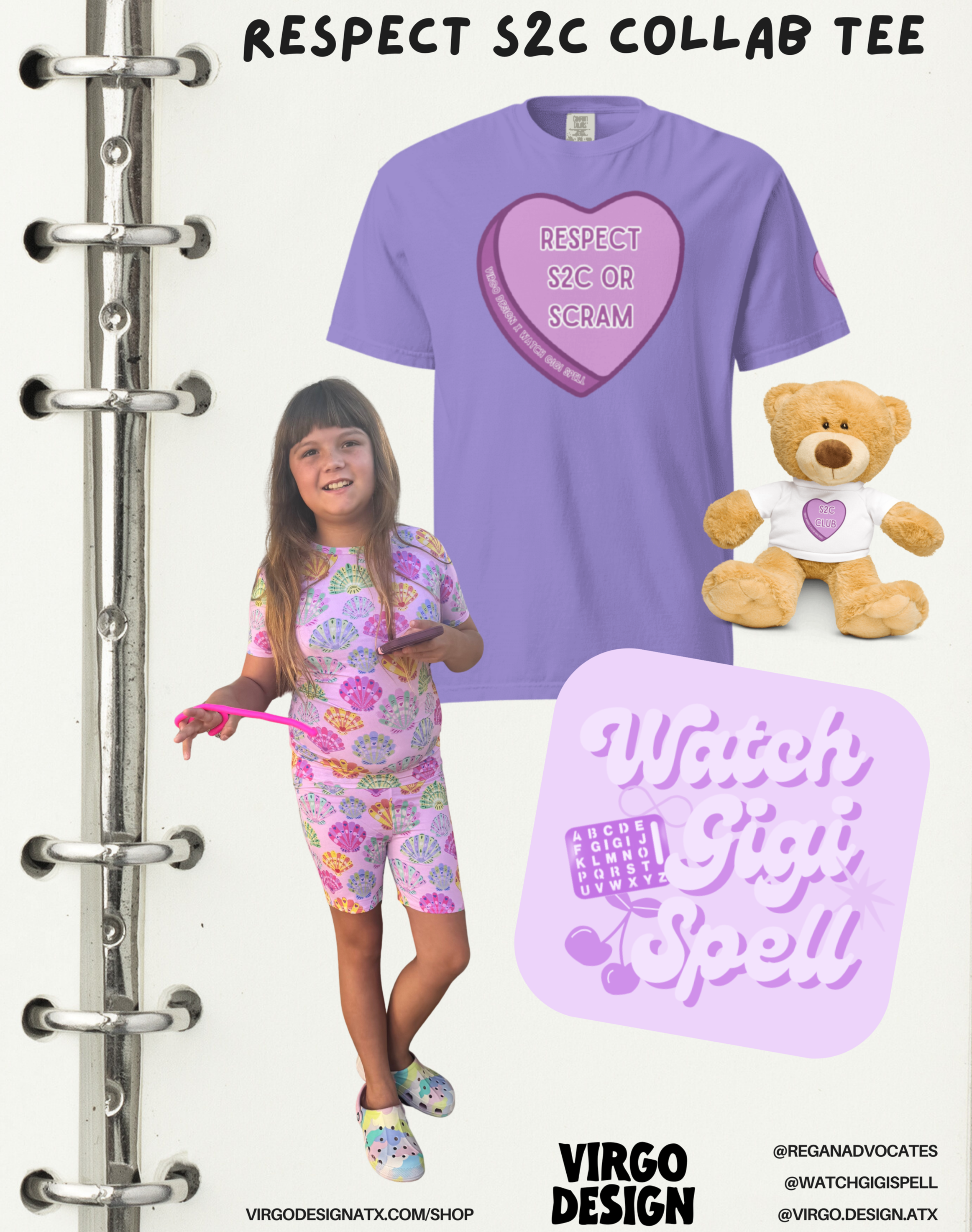 image of gigi, a little girl in a matching set with long brown hair, holding a phone and fidget, the virgo design + watch gigi spell collab tee, and the collab teddy bear
