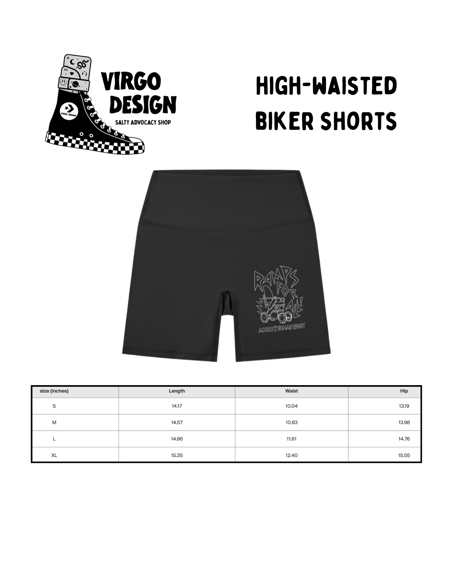 ramps for all access is a human right high waisted biker shorts in black and white by Virgo Design size guide