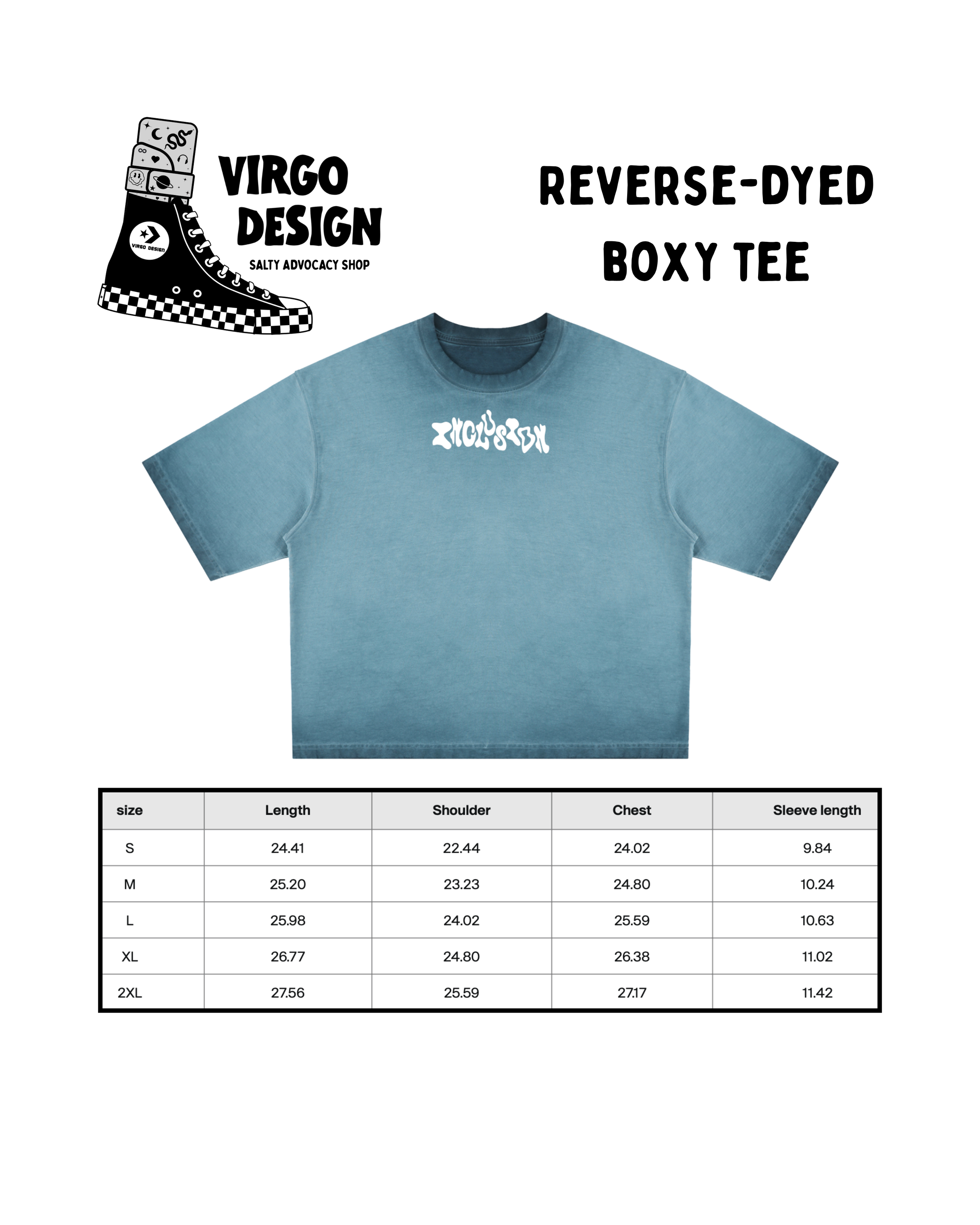 inclusion reverse dyed genderless boxy tee in blue by virgo design size guide