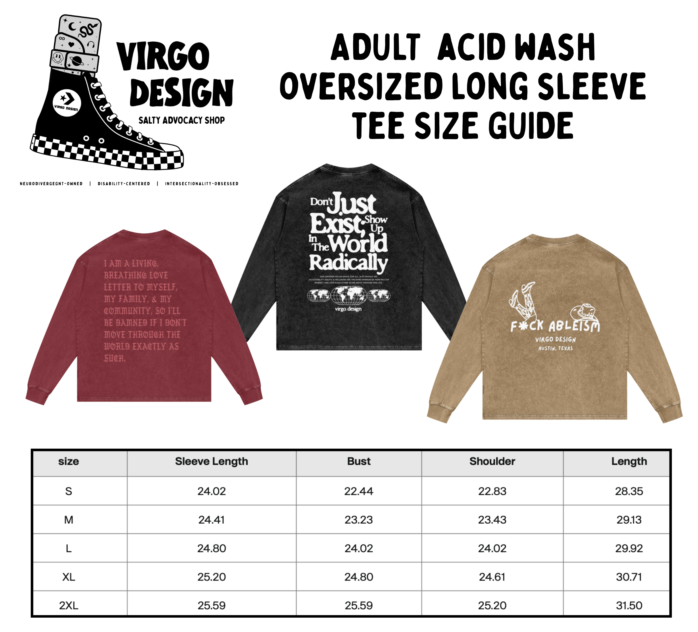 showing up radically long sleeve size guide