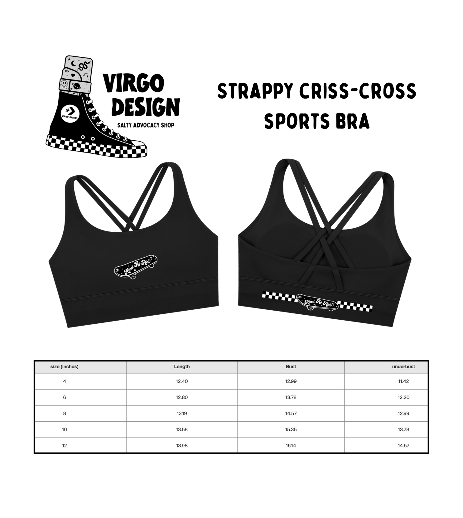 kind as hell skateboard sports bra with checkered accents by Virgo Design in black and white