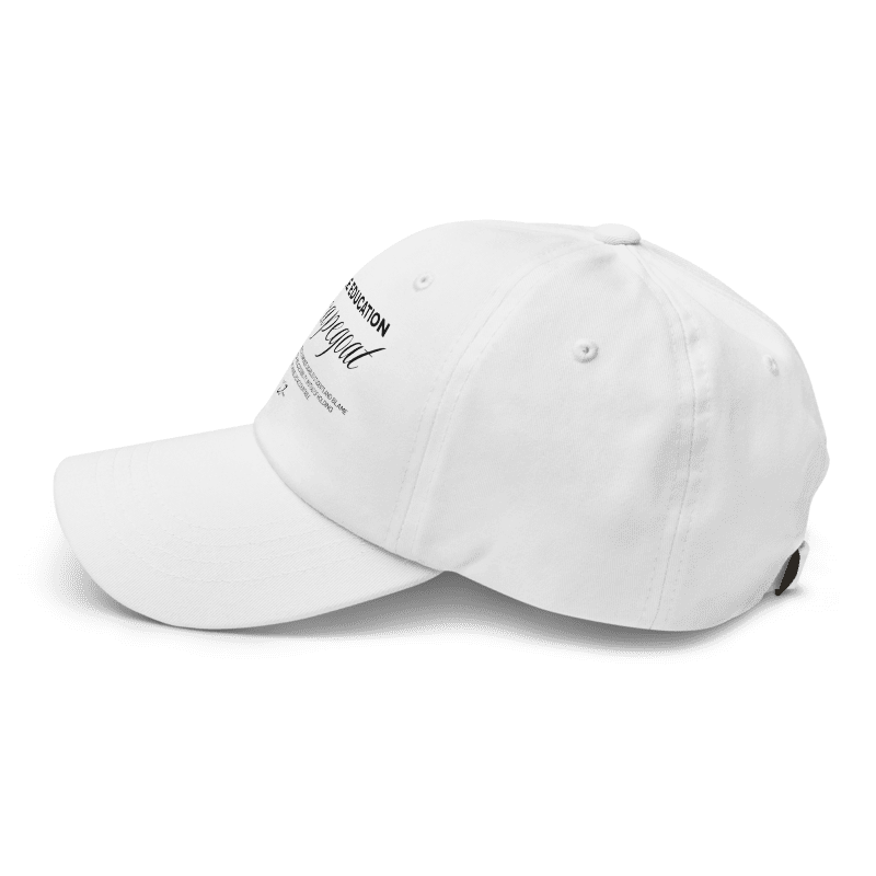 Accessible Education is not your scapegoat white dad hat with black text by Virgo Design