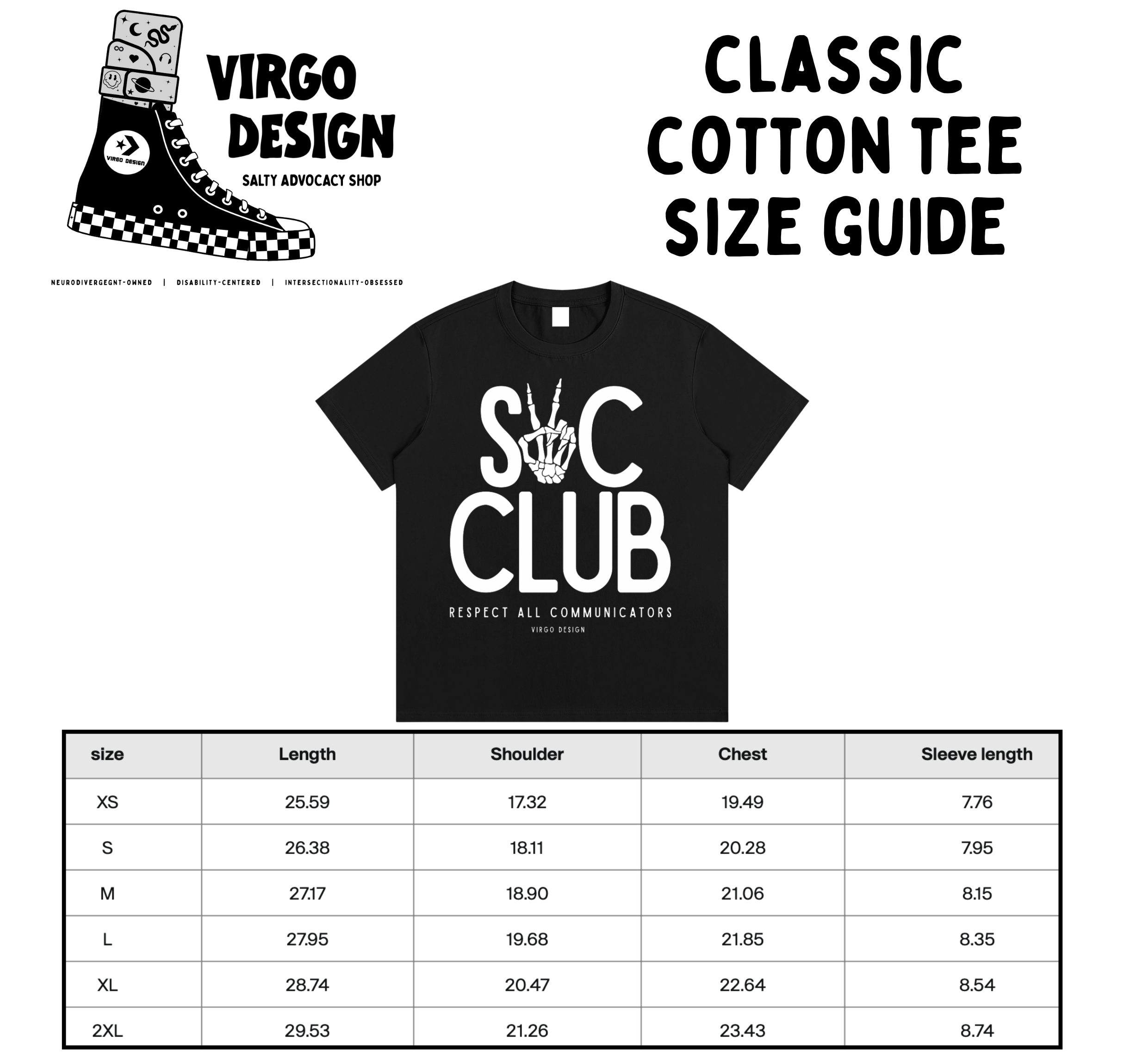 s2c club tee by virgo design size guide