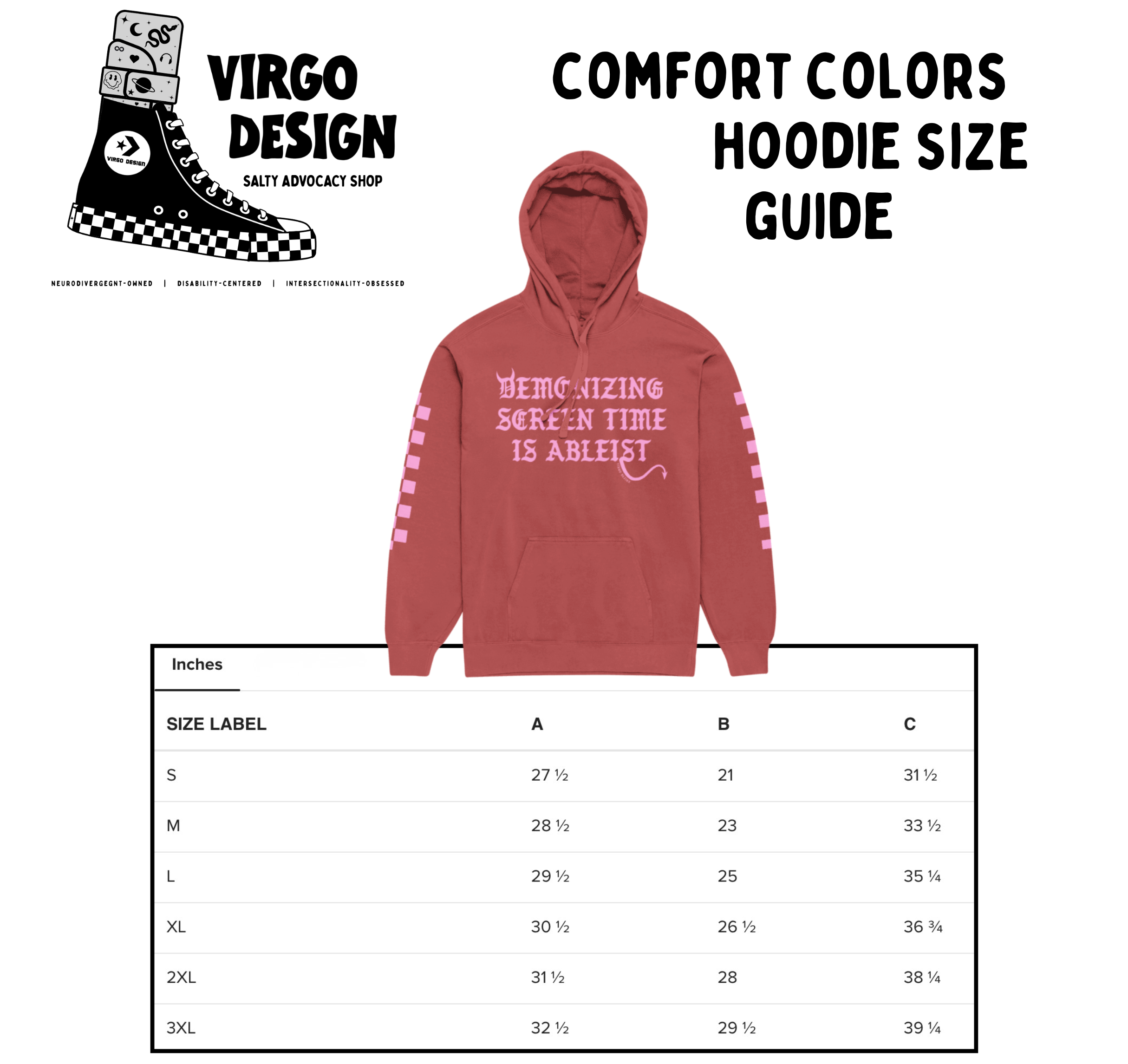 demonizing screen time is ableist hoodie by virgo design size guide