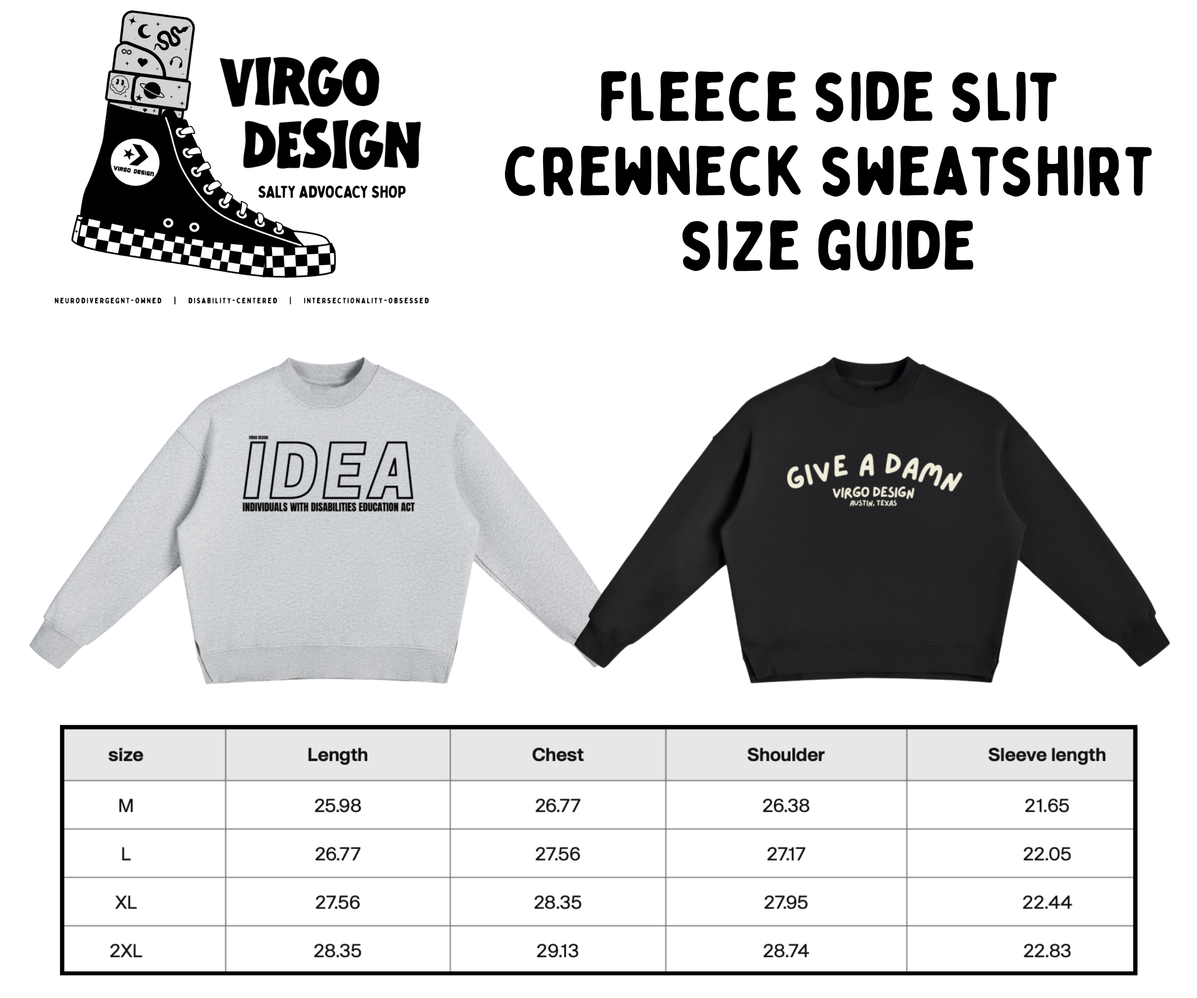 give a damn vintage side slit crewneck sweatshirt by virgo design size guide