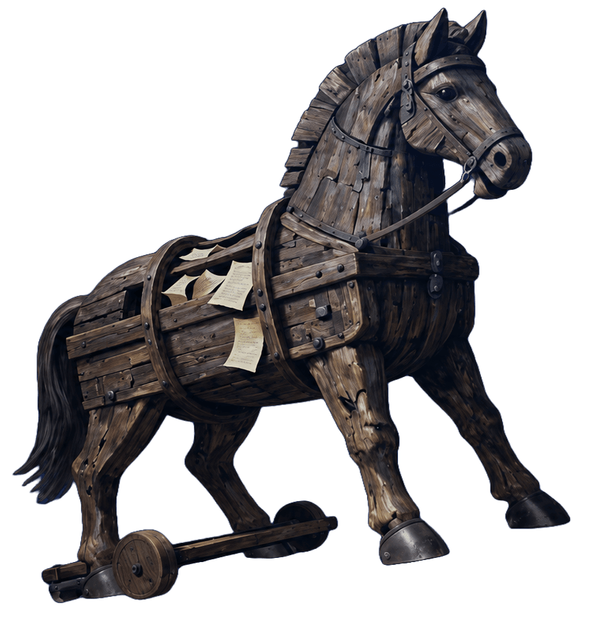 A wooden rocking horse sculpture resembling a wild horse with a mane, bridle, and saddle, mounted on a wooden base with wheels, with papers attached to its side.