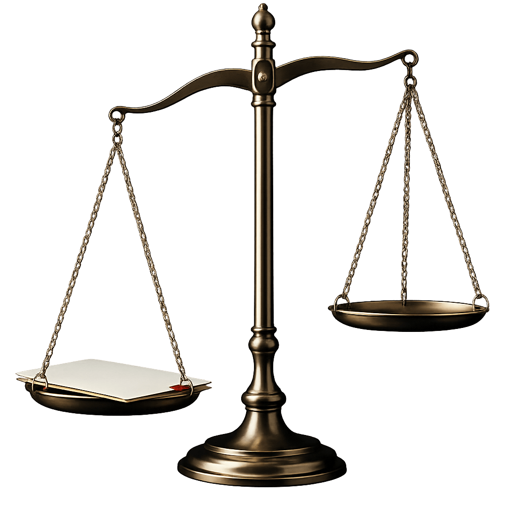 A balance scale with a piece of paper and a red seal on the left tray.