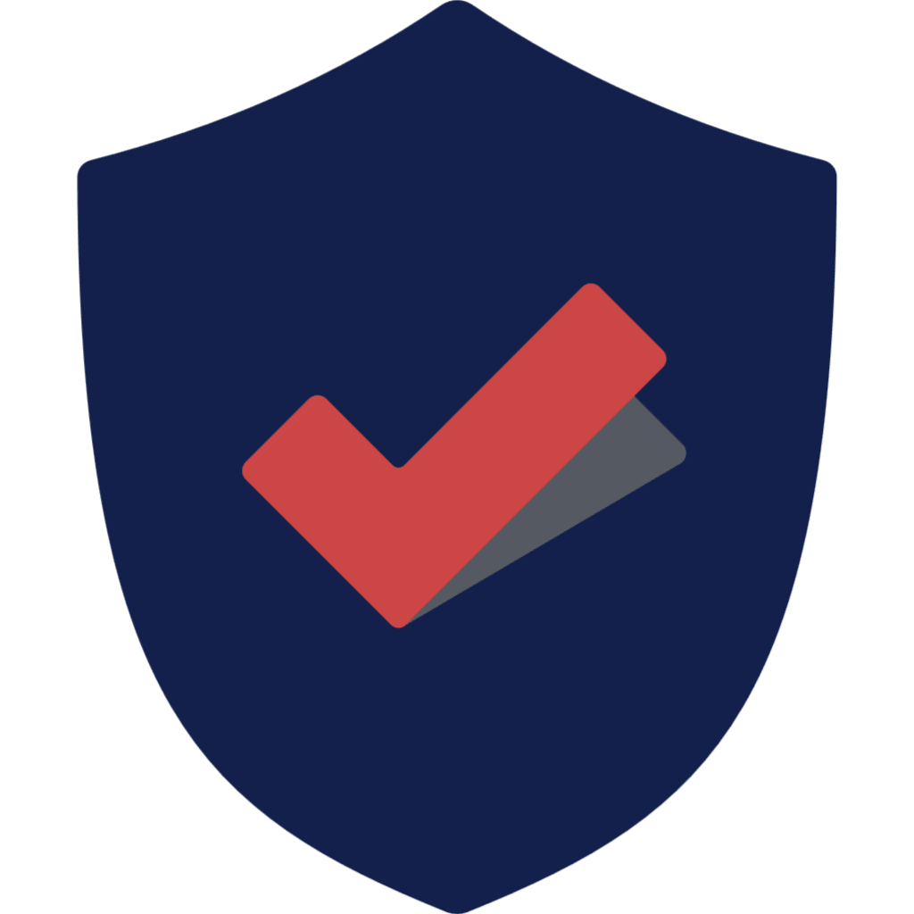 A dark blue shield with a red checkmark in the center.