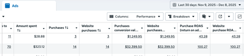 Meta Ads report showing $32,399 in sales at 100x return on ad spend