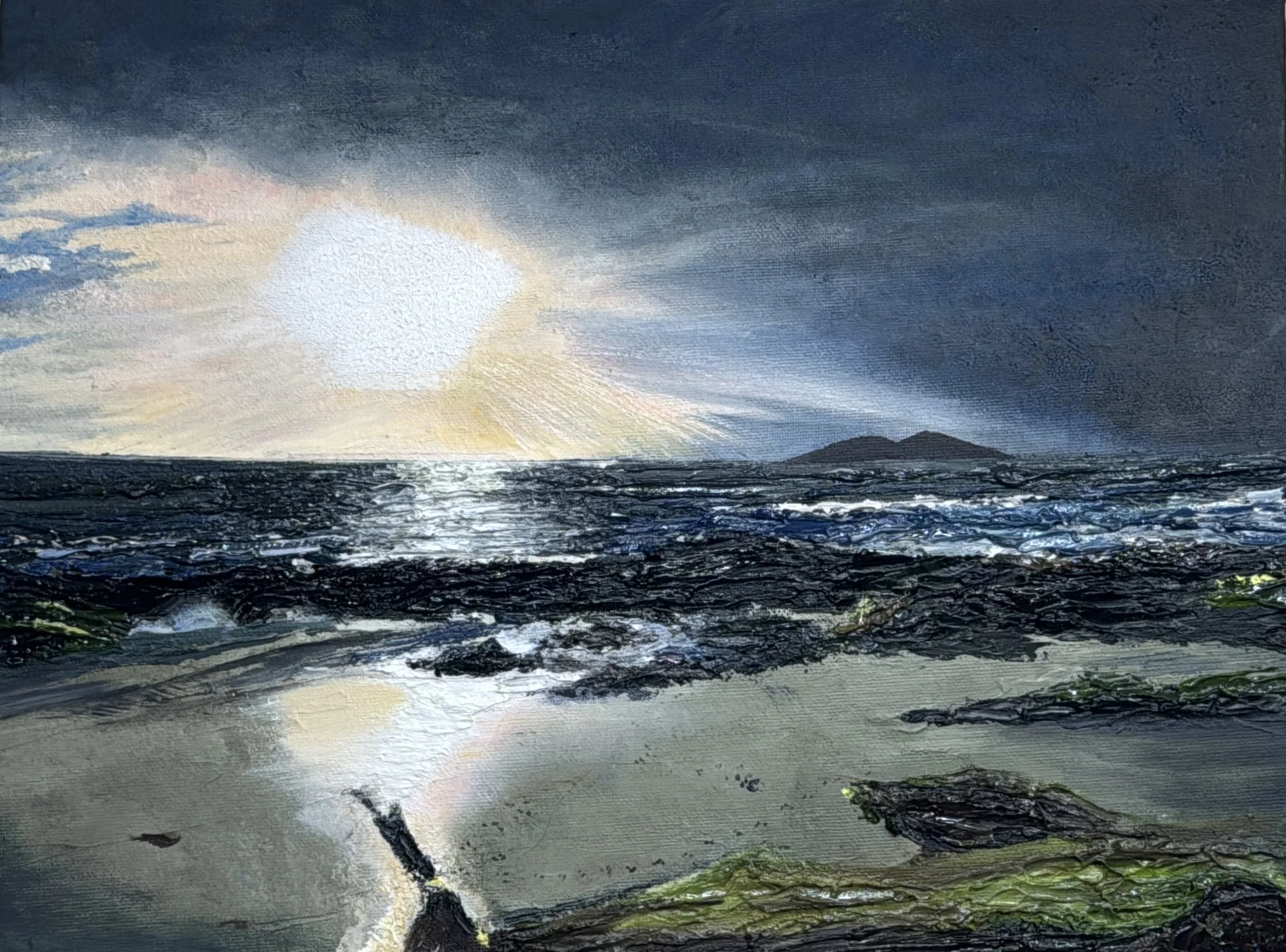 Oil painting of Clachan Sands, a Scottish seascape at sunset.