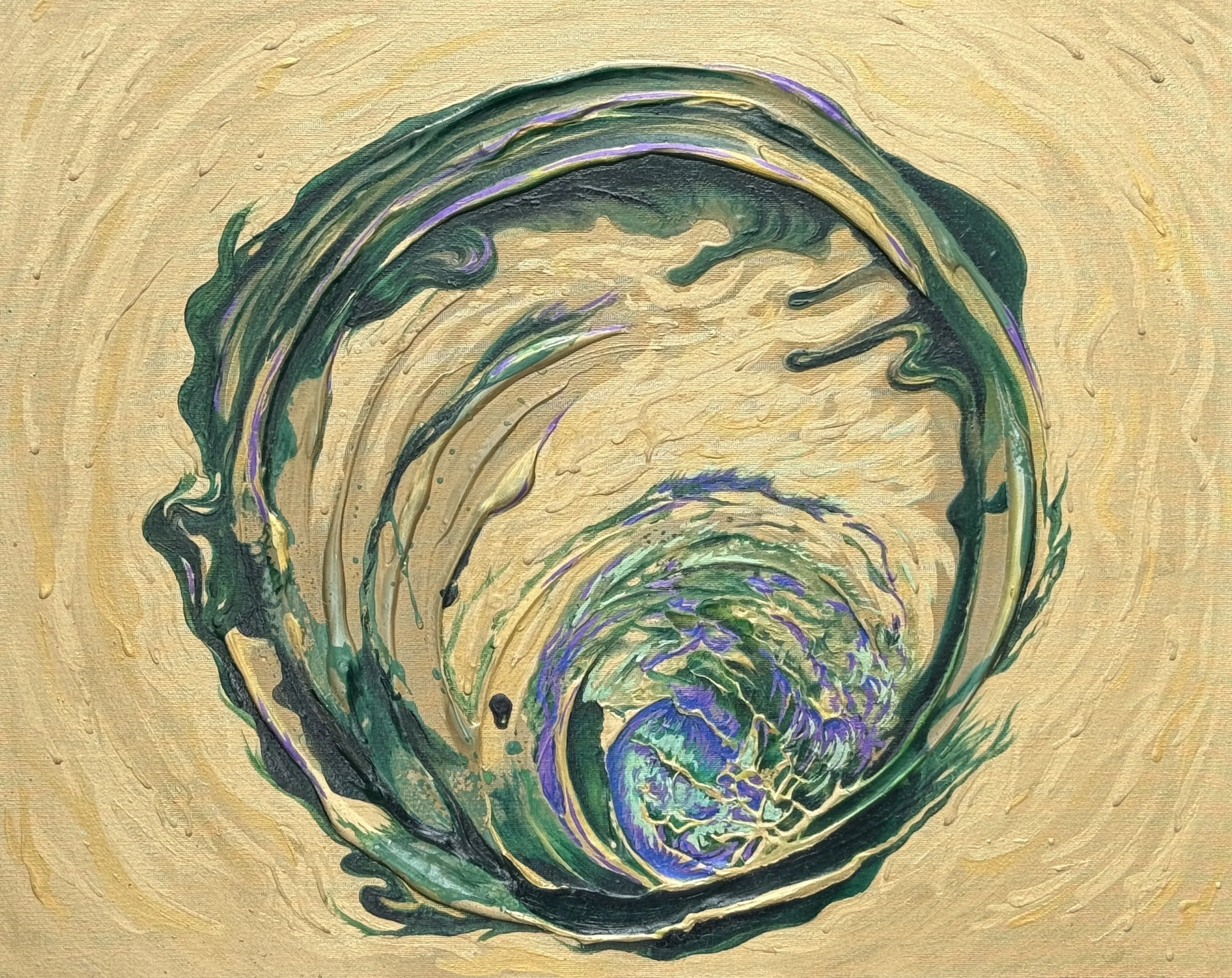 Abstract painting of a gold, green and purple swirl of water
