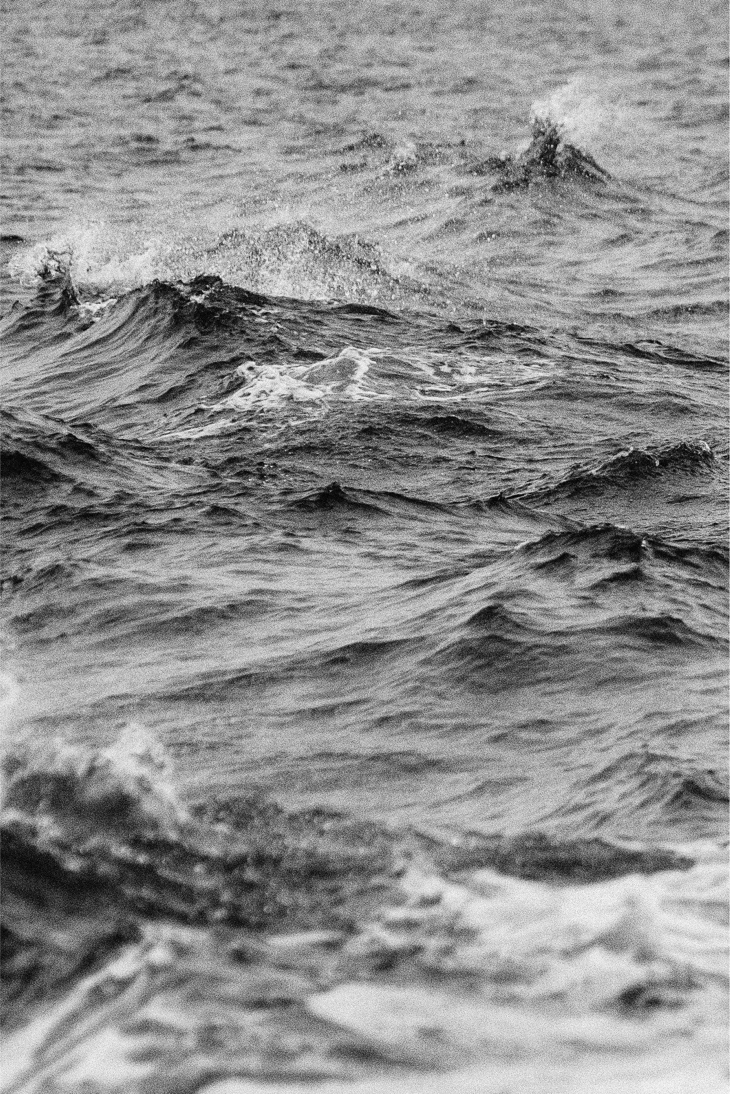 Rough ocean waves on a black and white sea surface
