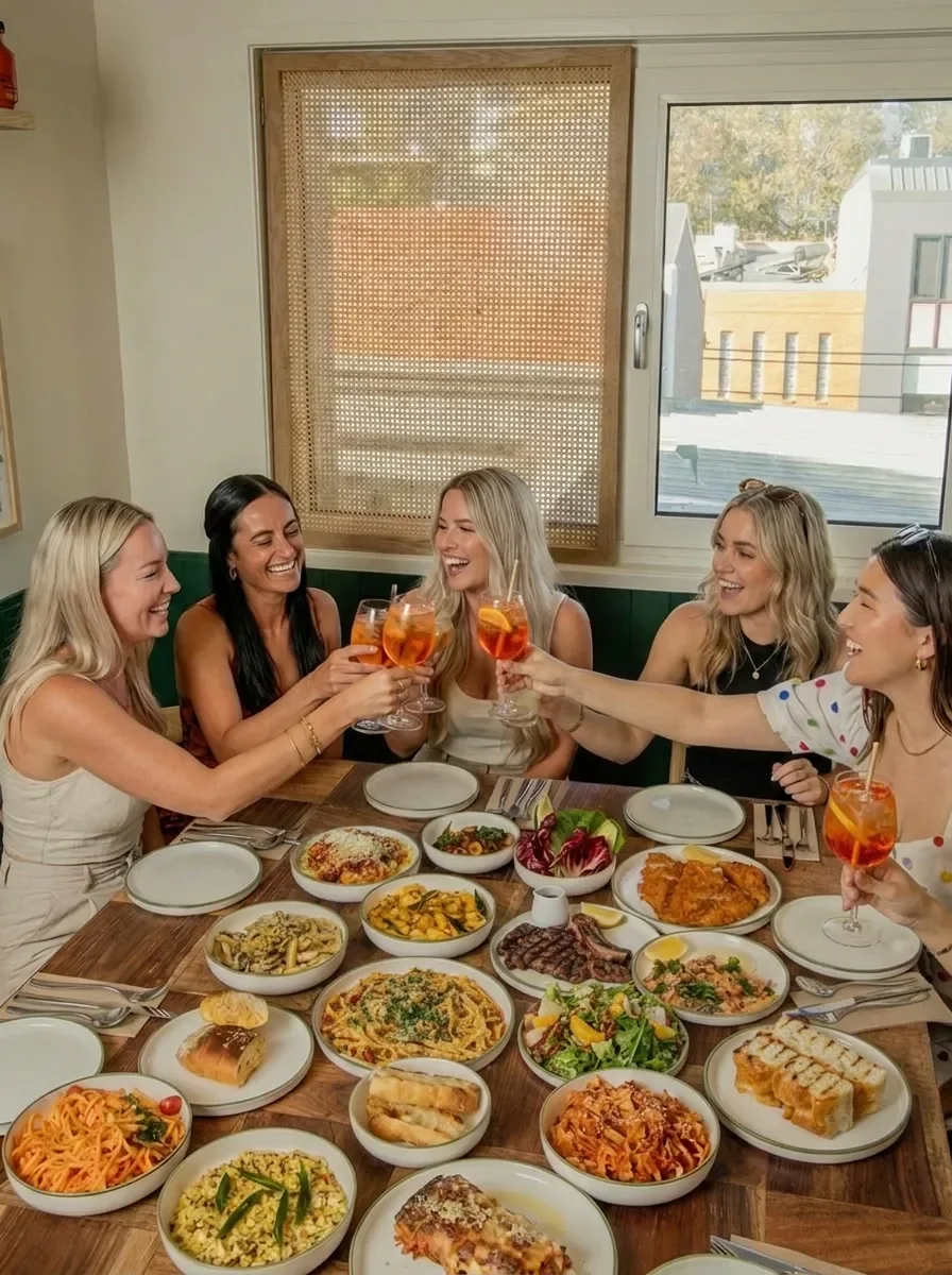 photo of a group of girls celebrating hens party at pasta rosa, the best restaurant for hens parties in Pyrmont