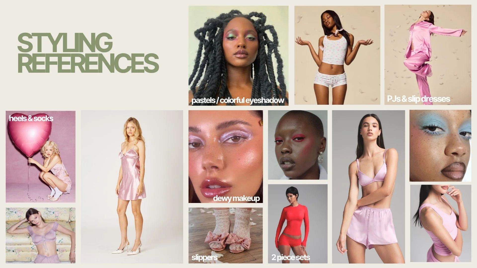 A collage of fashion and beauty photos with text overlay, featuring various models showcasing makeup, clothing, and accessories, with titles like pastels, colorful eyeshadow, PJs & slip dresses, heels & socks, dewy makeup, slippers, and 2 piece sets.