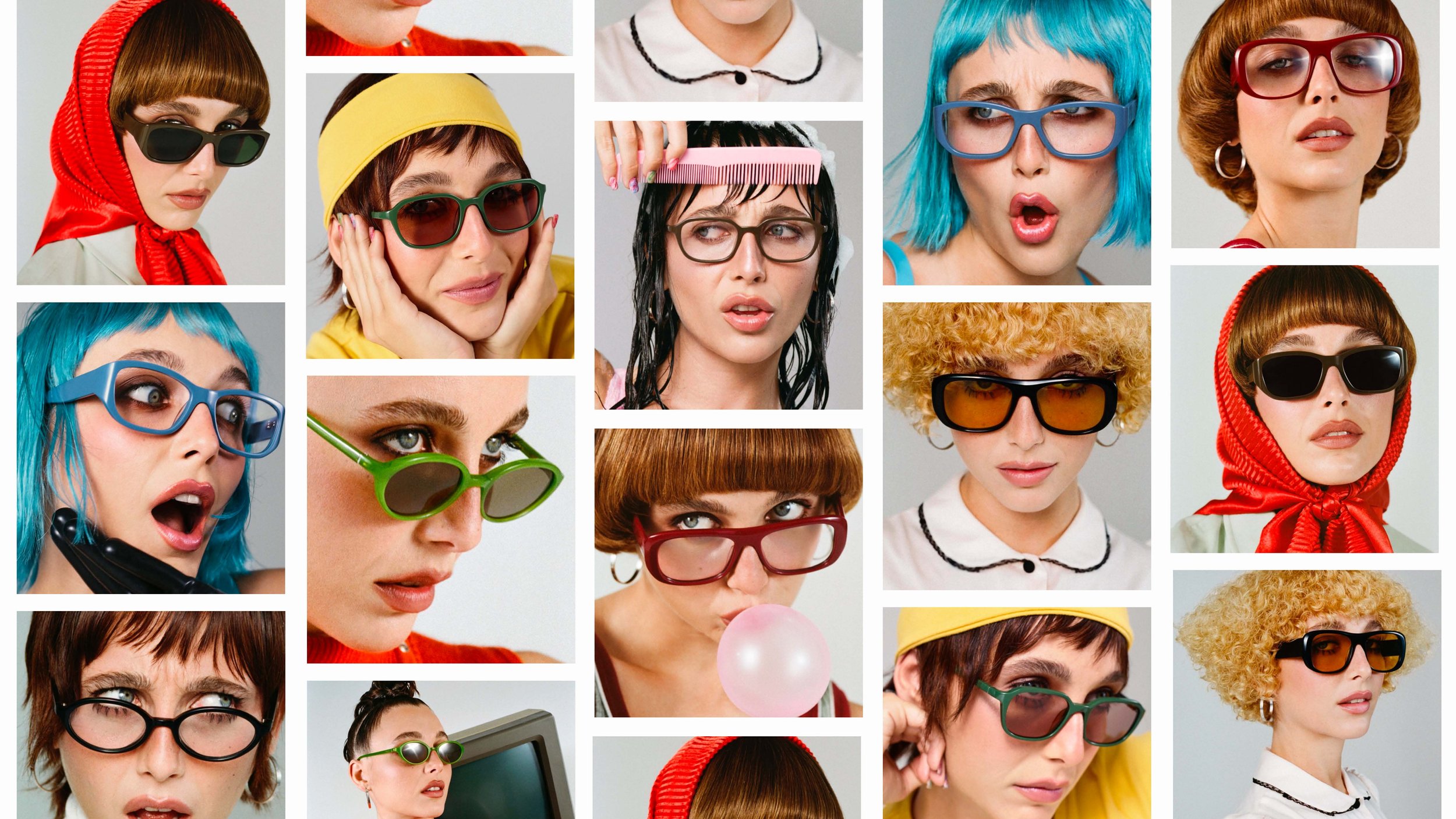 A collage of women with colorful hairstyles and sunglasses, displaying various expressions and styles, some wearing headscarves and holding props like a balloon and a phone.