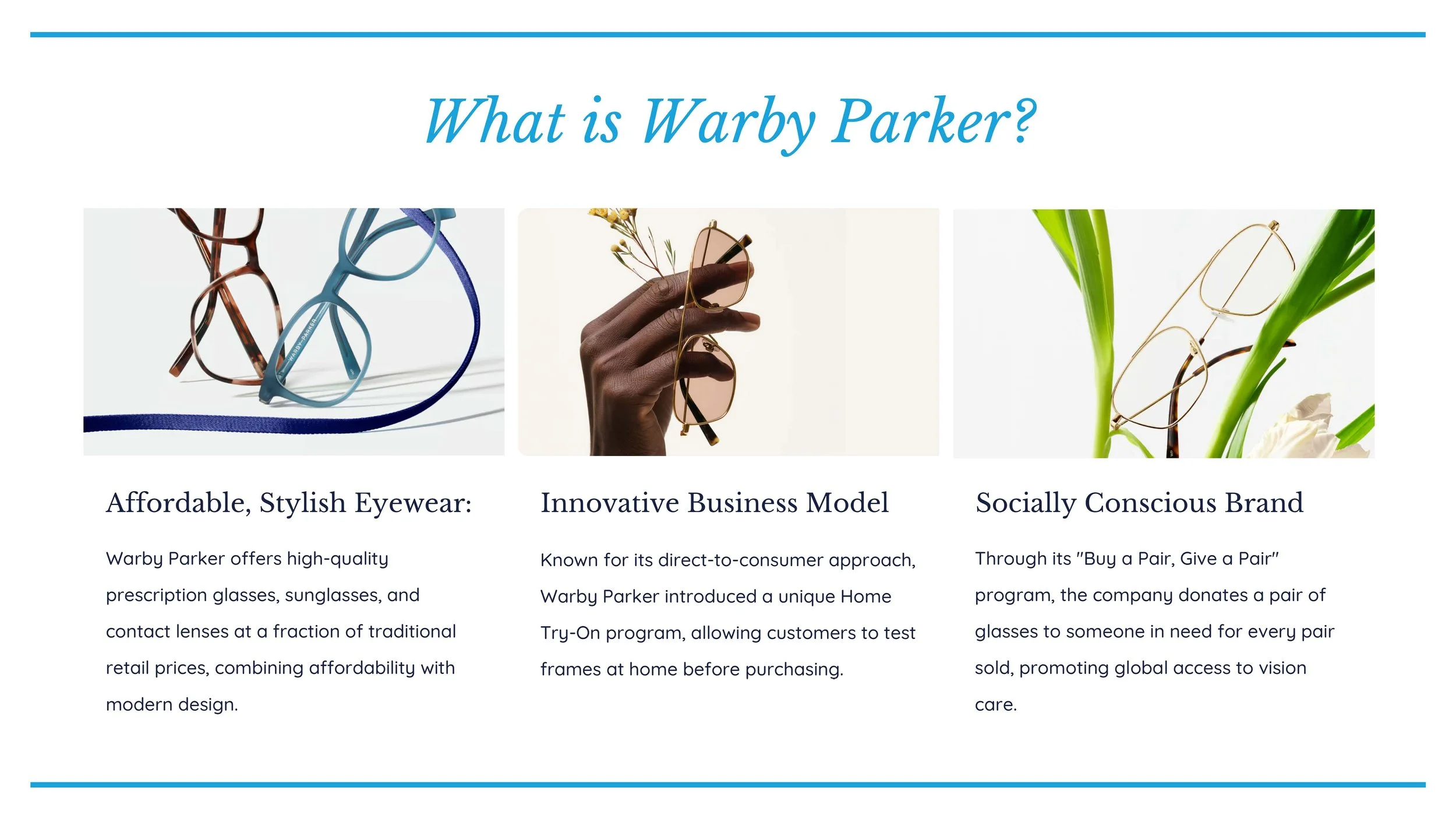 A webpage with the heading 'What is Warby Parker?' and three sections featuring images of eyeglasses. The first section shows multiple pairs of stylish eyeglasses with the text 'Affordable, Stylish Eyewear.' The second section has a hand holding sung