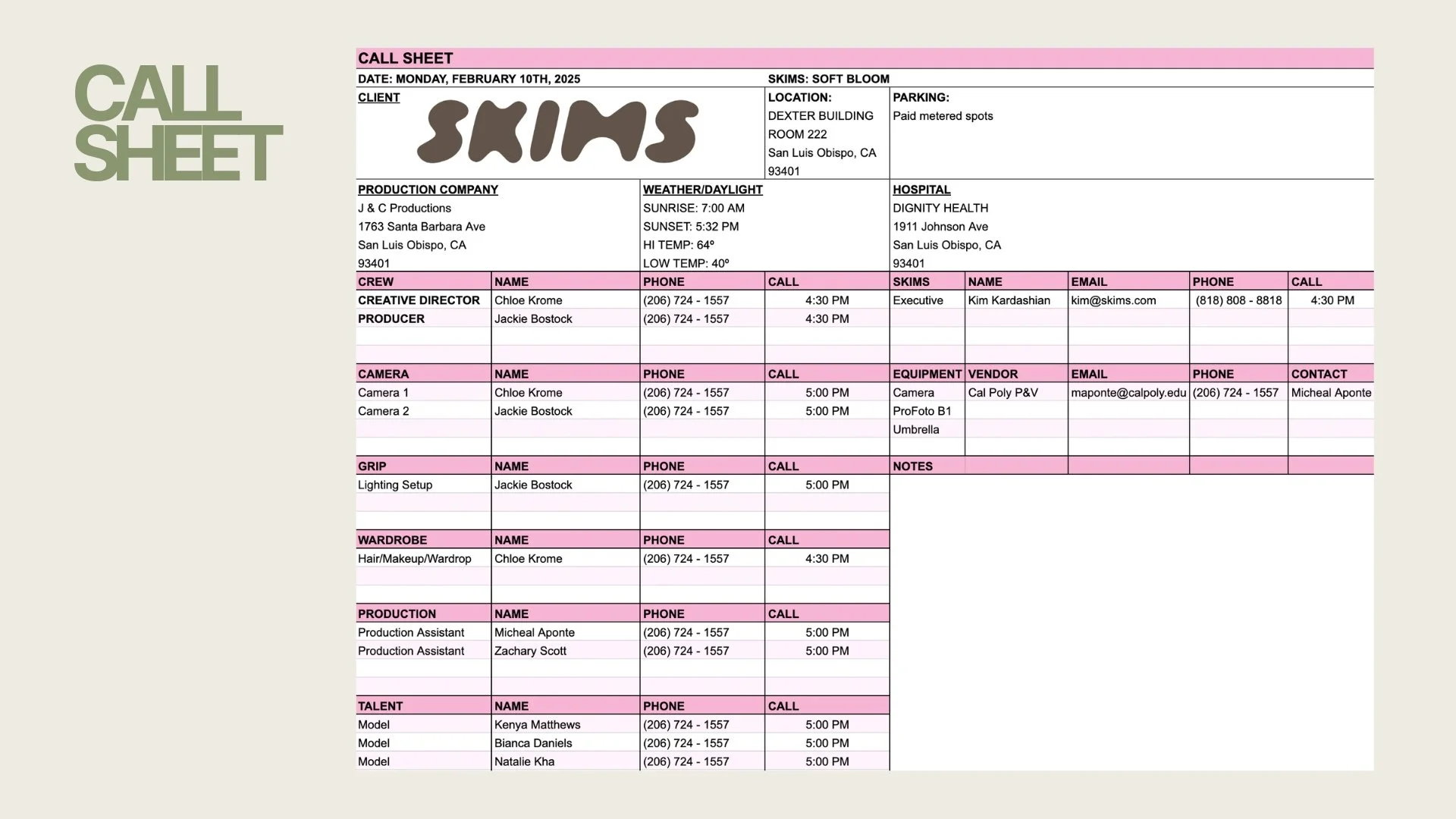 A call sheet for a production titled "Skins" dated February 10, 2025. It includes sections for crew, camera, grip, wardrobe, production, talent, and contact information, with scheduling details and contact info for key personnel.