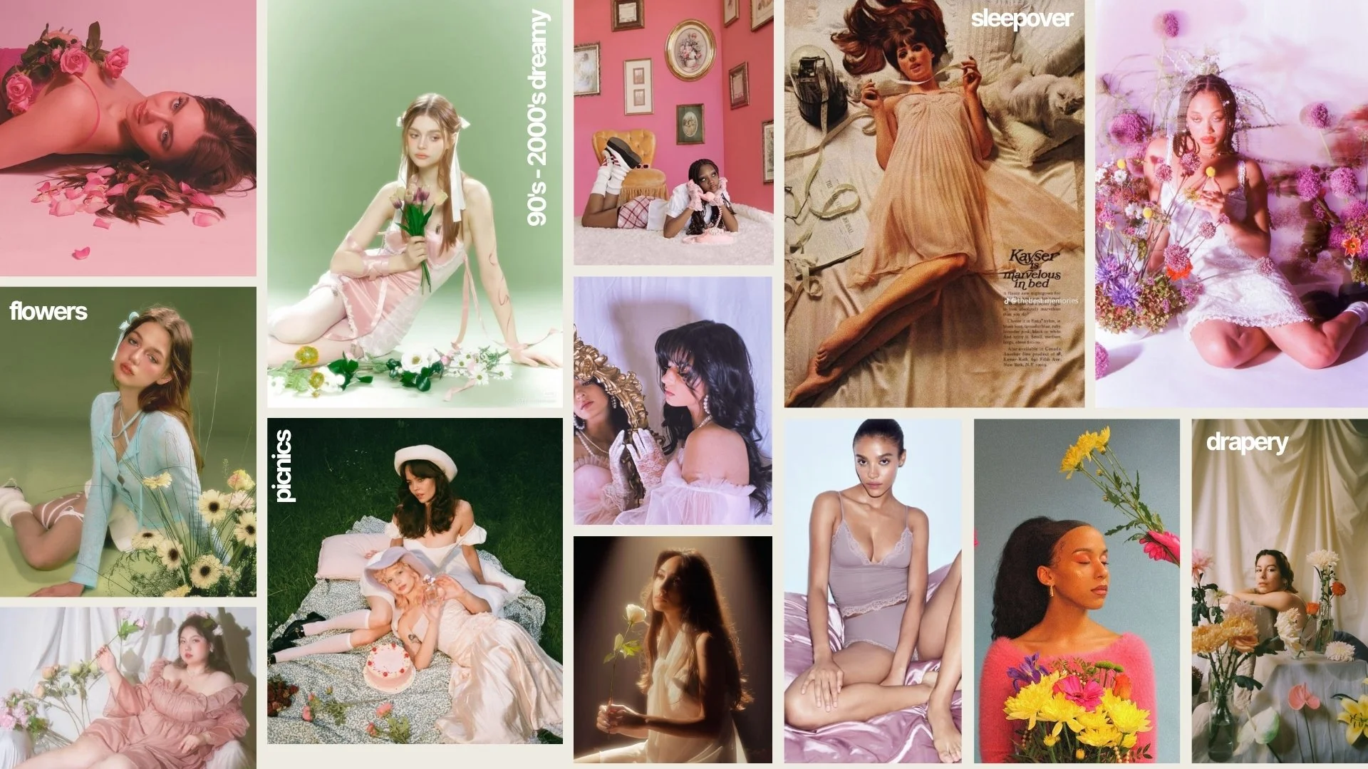 A collage of various women in different poses, surrounded by flowers, in artistic and fashion photography styles.