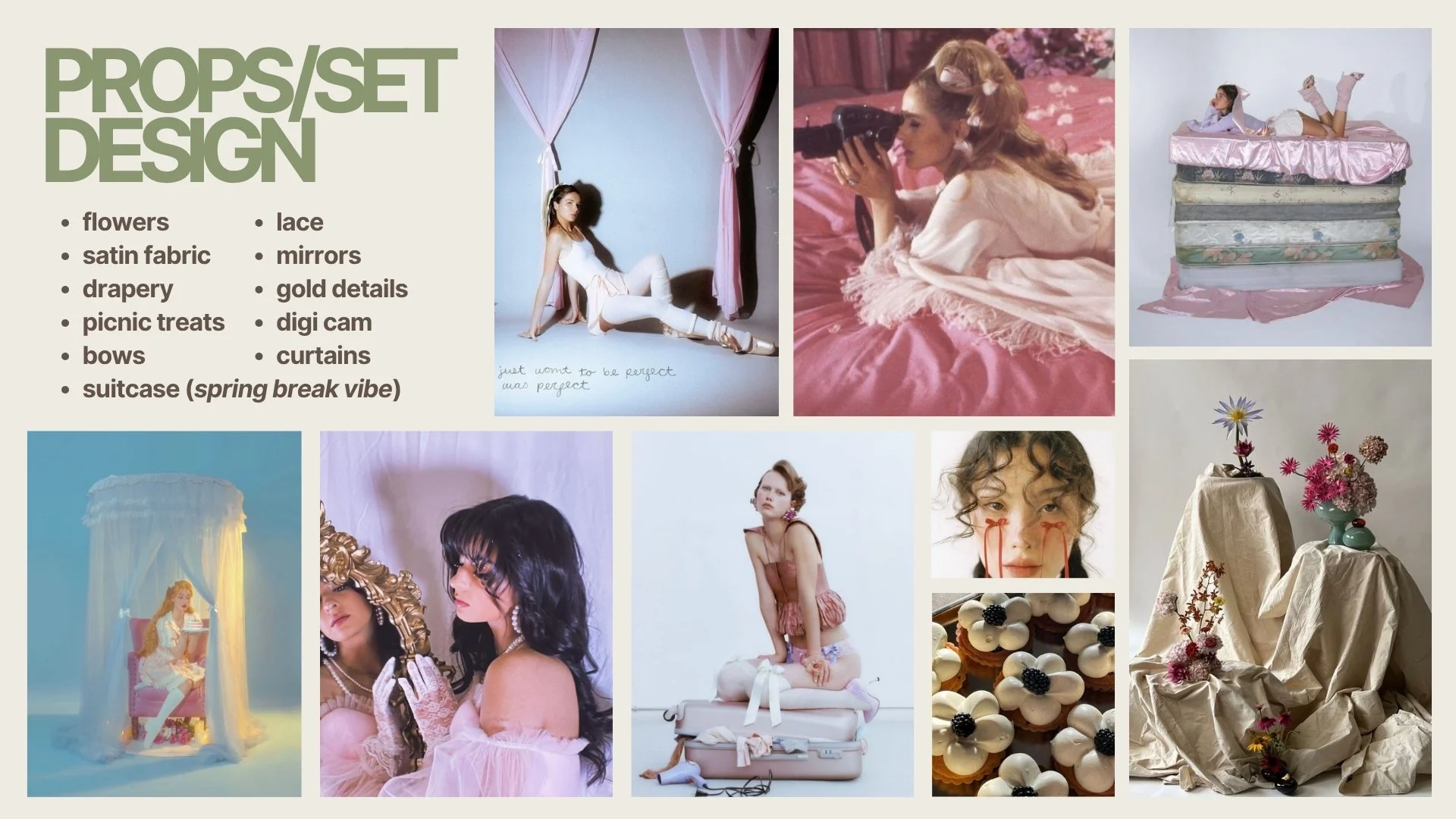 A collage of fashion and floral photography with a header titled PROPS/SET DESIGN, listing elements like flowers, lace, satin fabric, mirrors, drapery, gold details, picnic treats, studio lights, bow, curtains, and a suitcase with spring break vibe. 