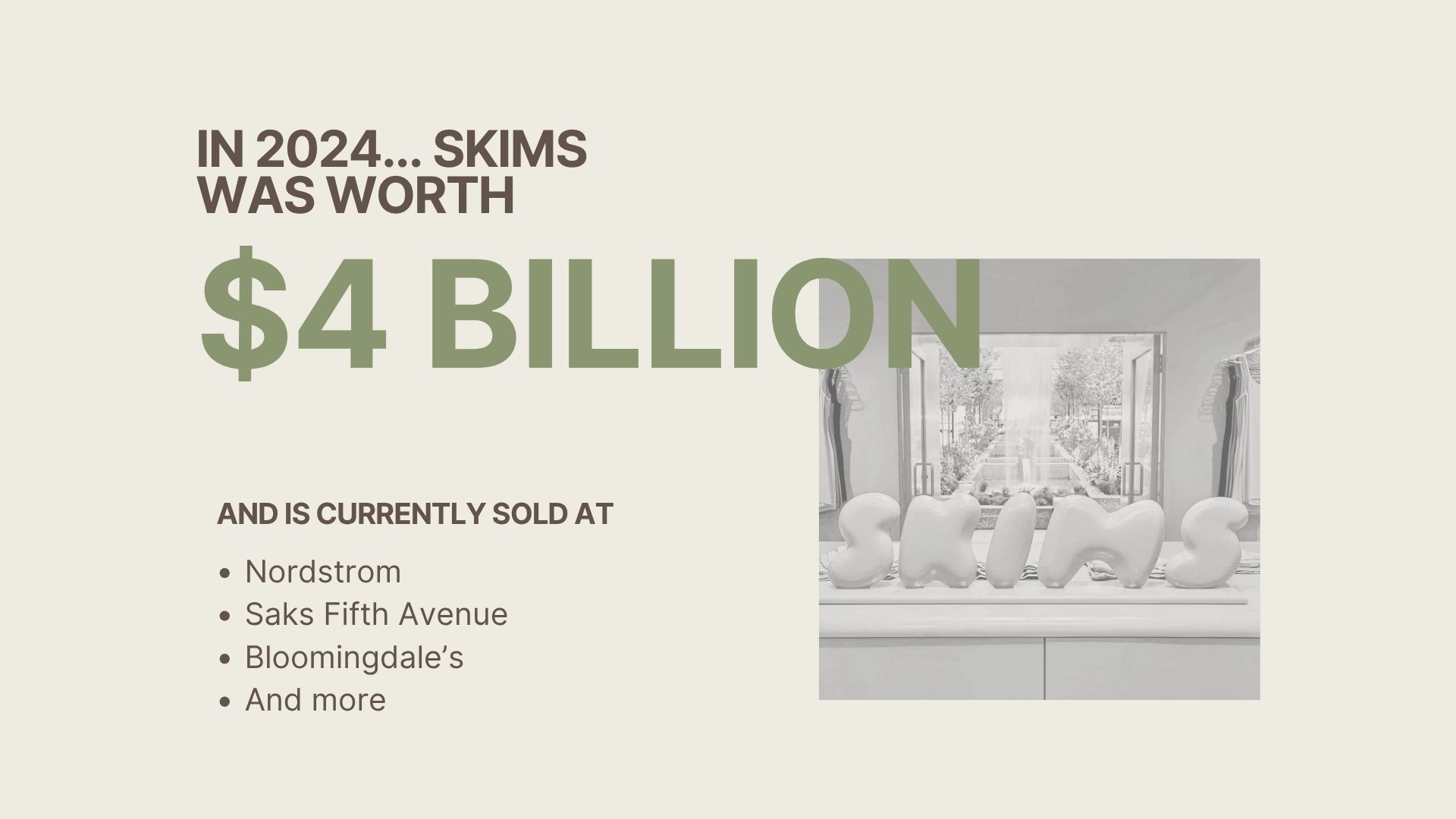 Text on a graphic about Skims, indicating in 2024 it was worth $4 billion, and listing stores like Nordstrom, Saks Fifth Avenue, Bloomingdale's.