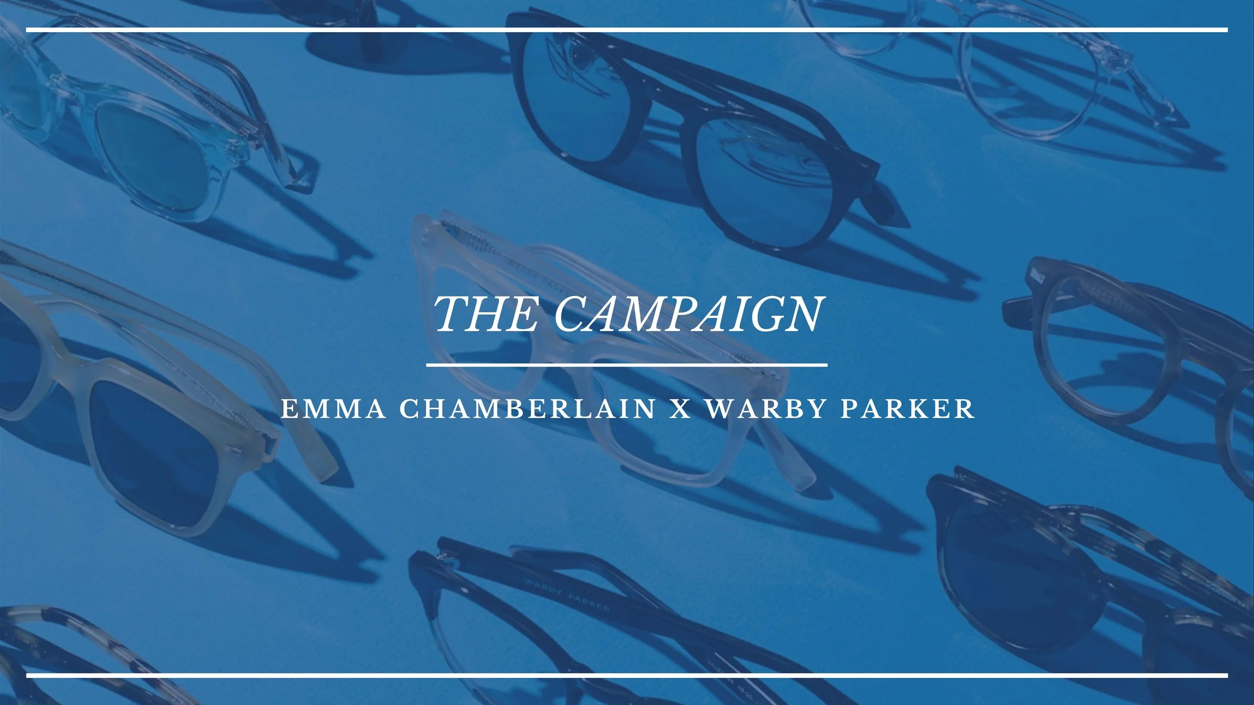 Blue promotional image with scattered eyeglasses and sunglasses, overlay text reads 'The Campaign' by Emma Chamberlain x Warby Parker.