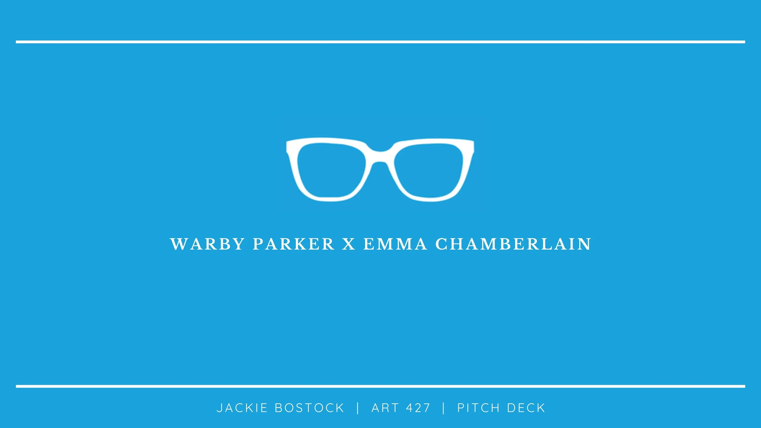 Cover of a book titled "Warby Parker x Emma Chamberlain" with an illustration of white eyeglasses on a blue background and white text.