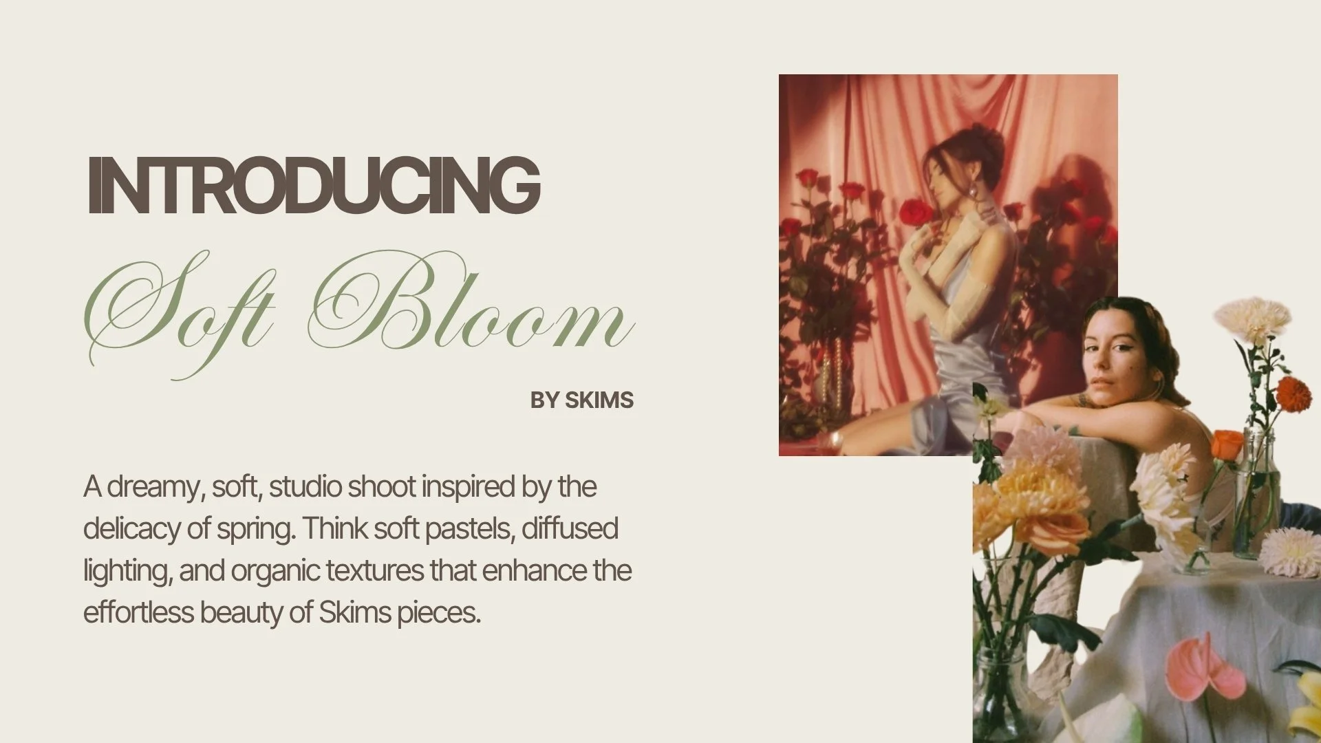 Two women posing with a background of pink curtains and flowers; one sitting with head resting on arm and the other sitting with arms around knees, surrounded by flower arrangements.