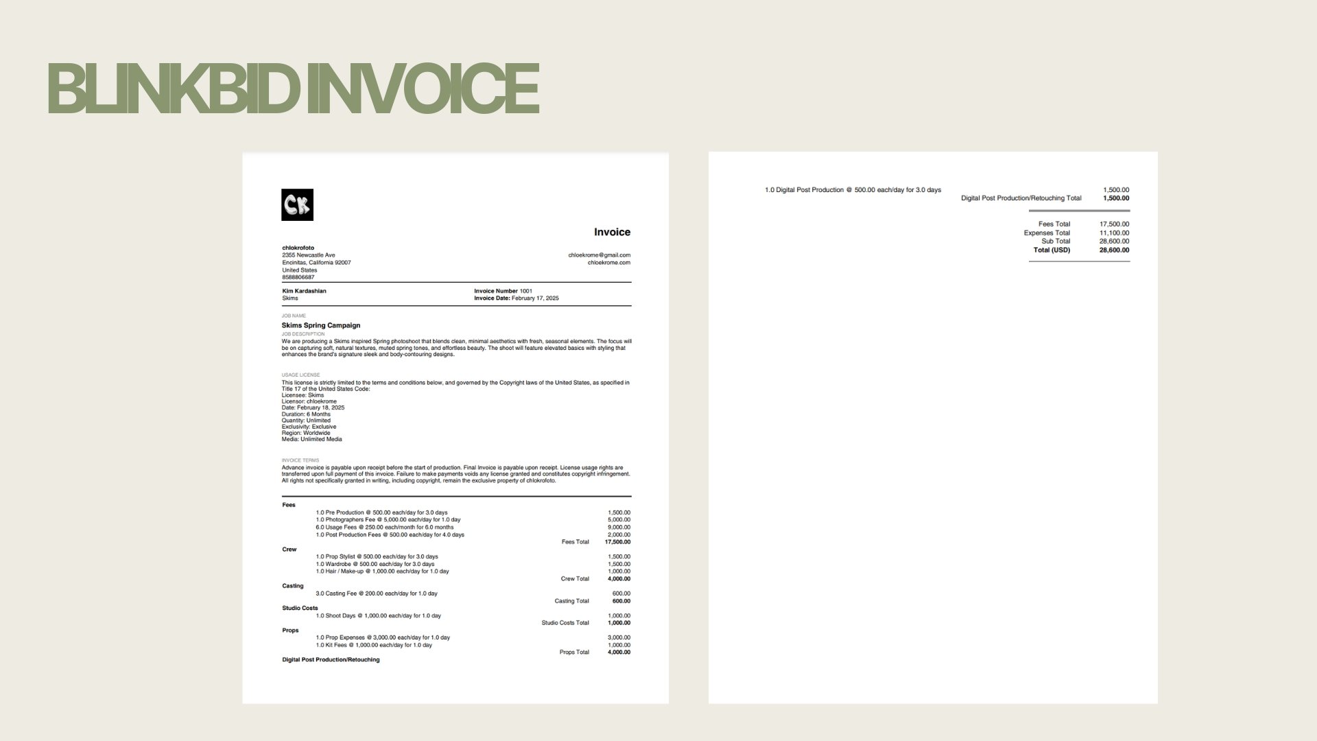 A digital invoice document for a spring campaign, showing itemized costs and contact information.