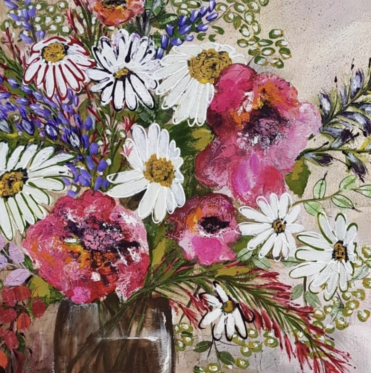 A colorful painting of a bouquet of flowers in a brown vase, featuring daisies, poppies, and other wildflowers.