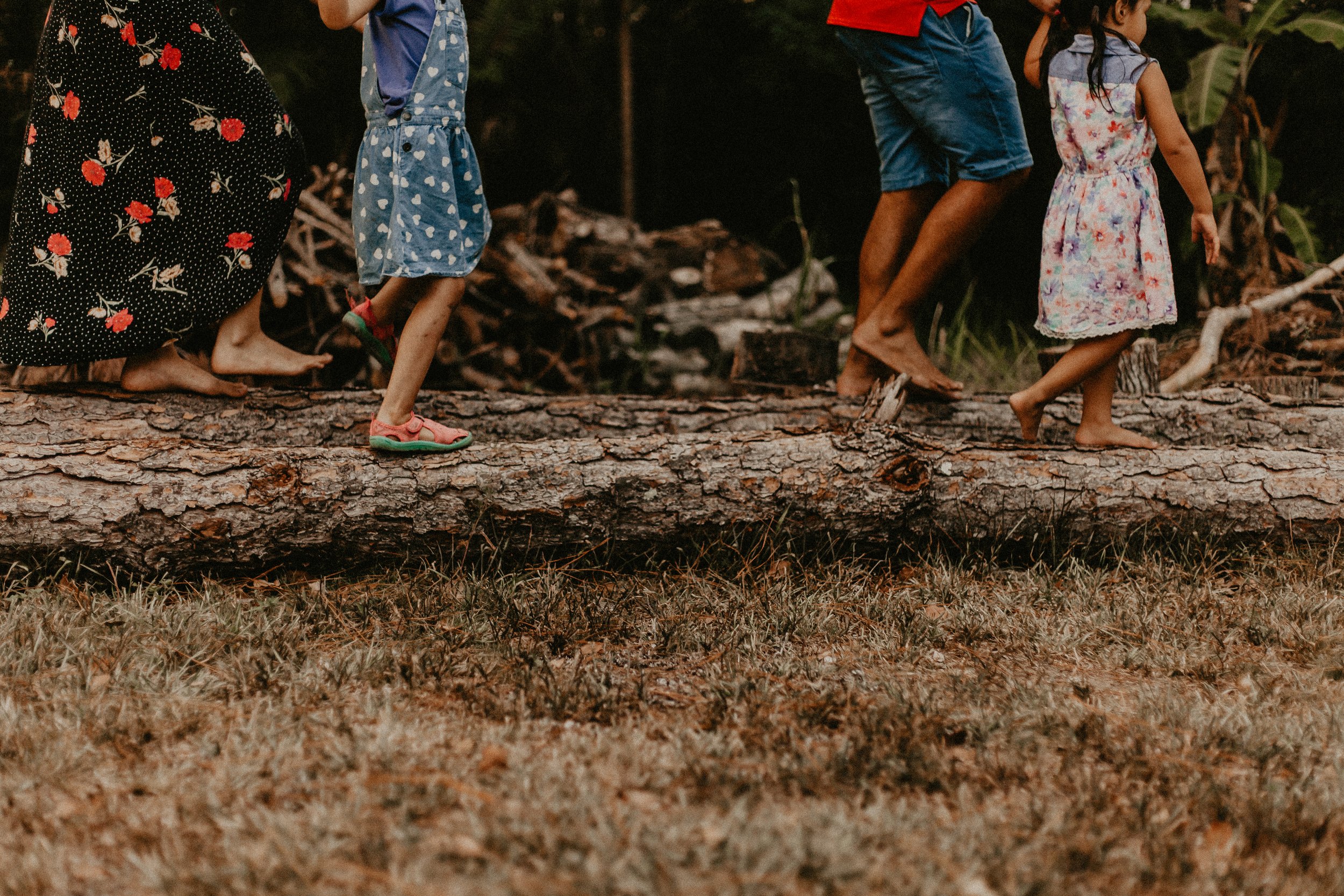 Children and an adult walking barefoot on a fallen tree trunk in a natural outdoor setting.