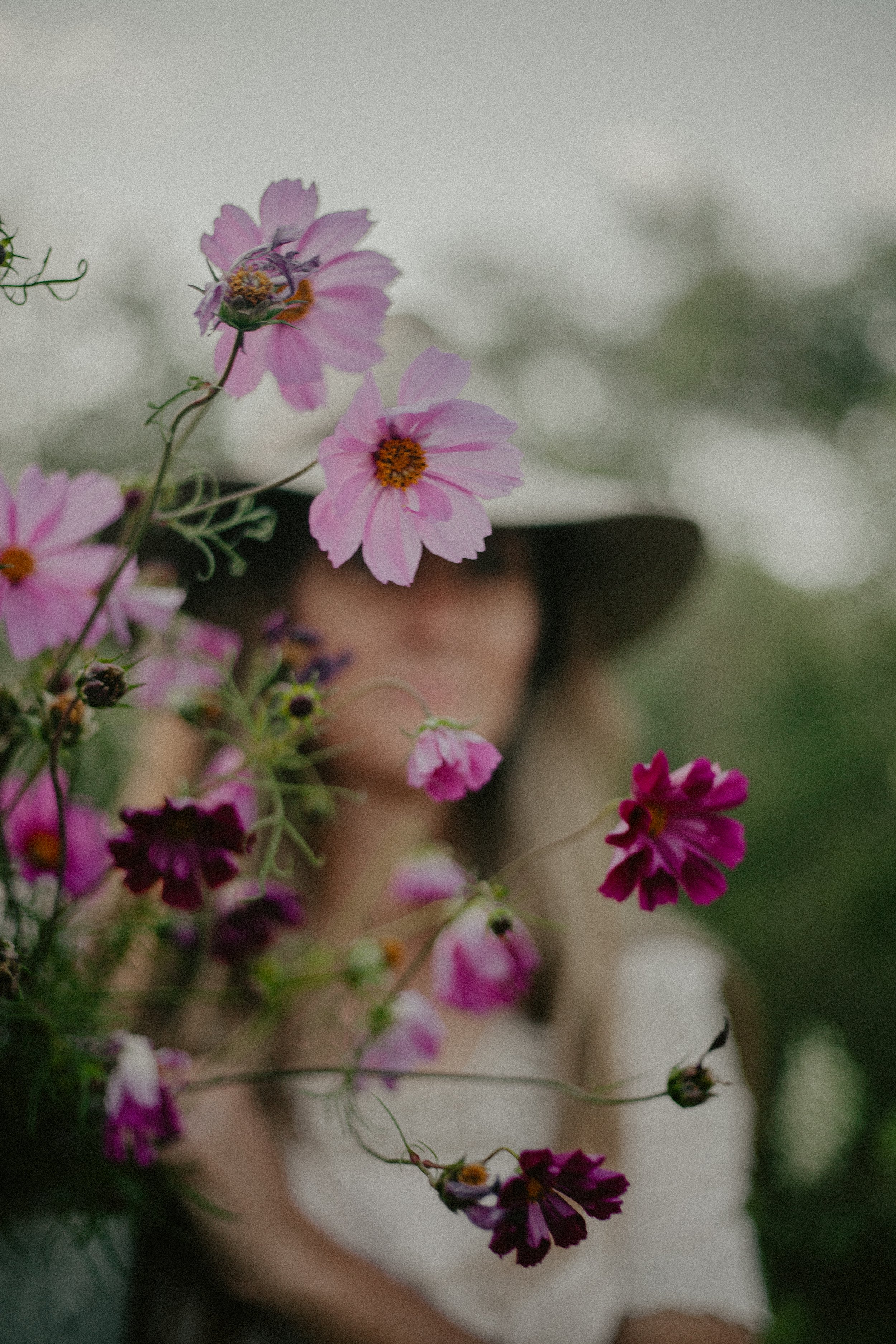 Blurred woman wearing a wide-brimmed hat and white top holding or surrounded by pink and purple flowers outdoors.