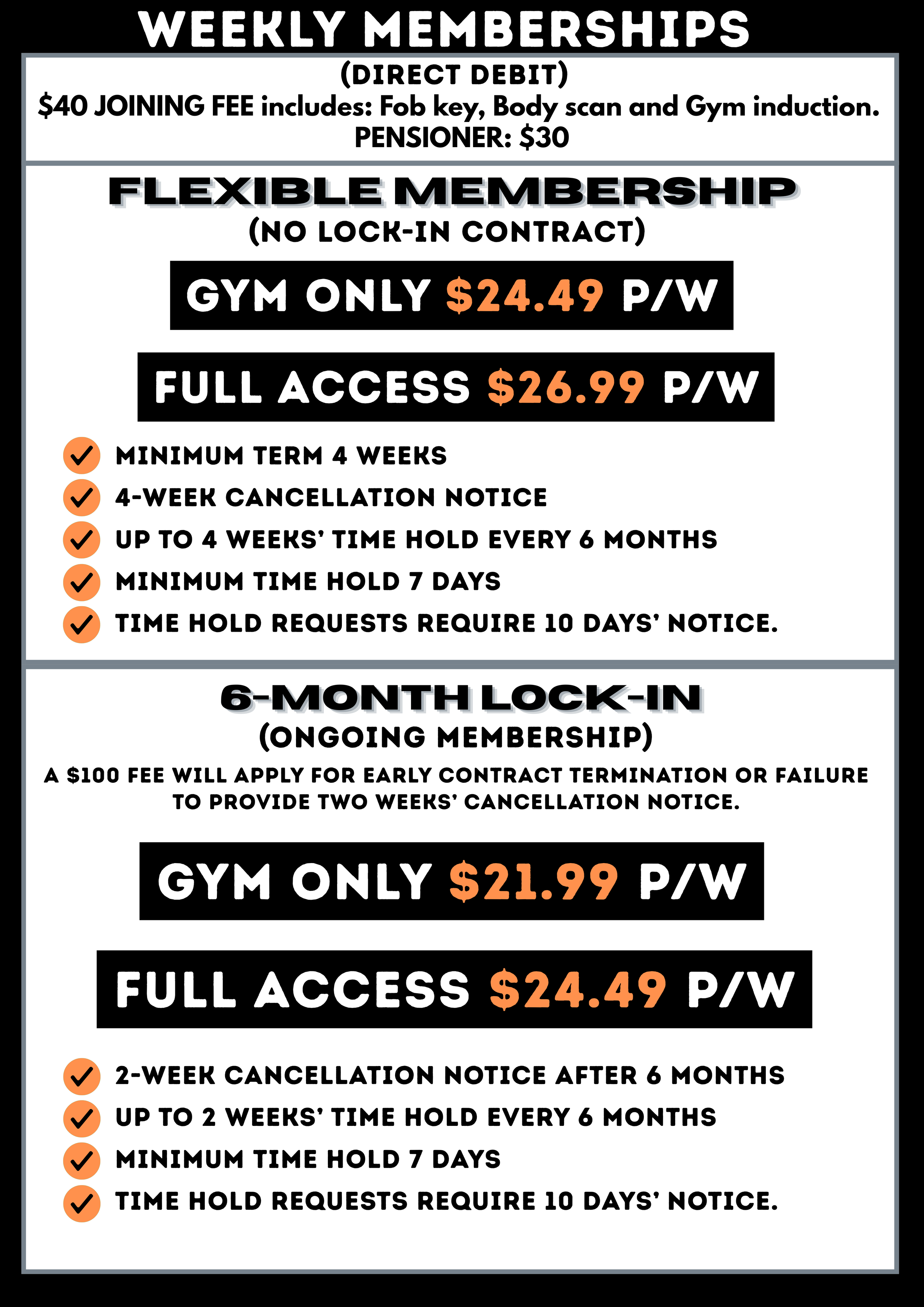 A black and white flyer or sign displaying membership options and prices for a gym. It offers weekly memberships, month-to-month options, and details about cancellation policies. The prices range from approximately $21.99 to $26.99 per week, with various conditions for cancellation notices and minimum time holds.
