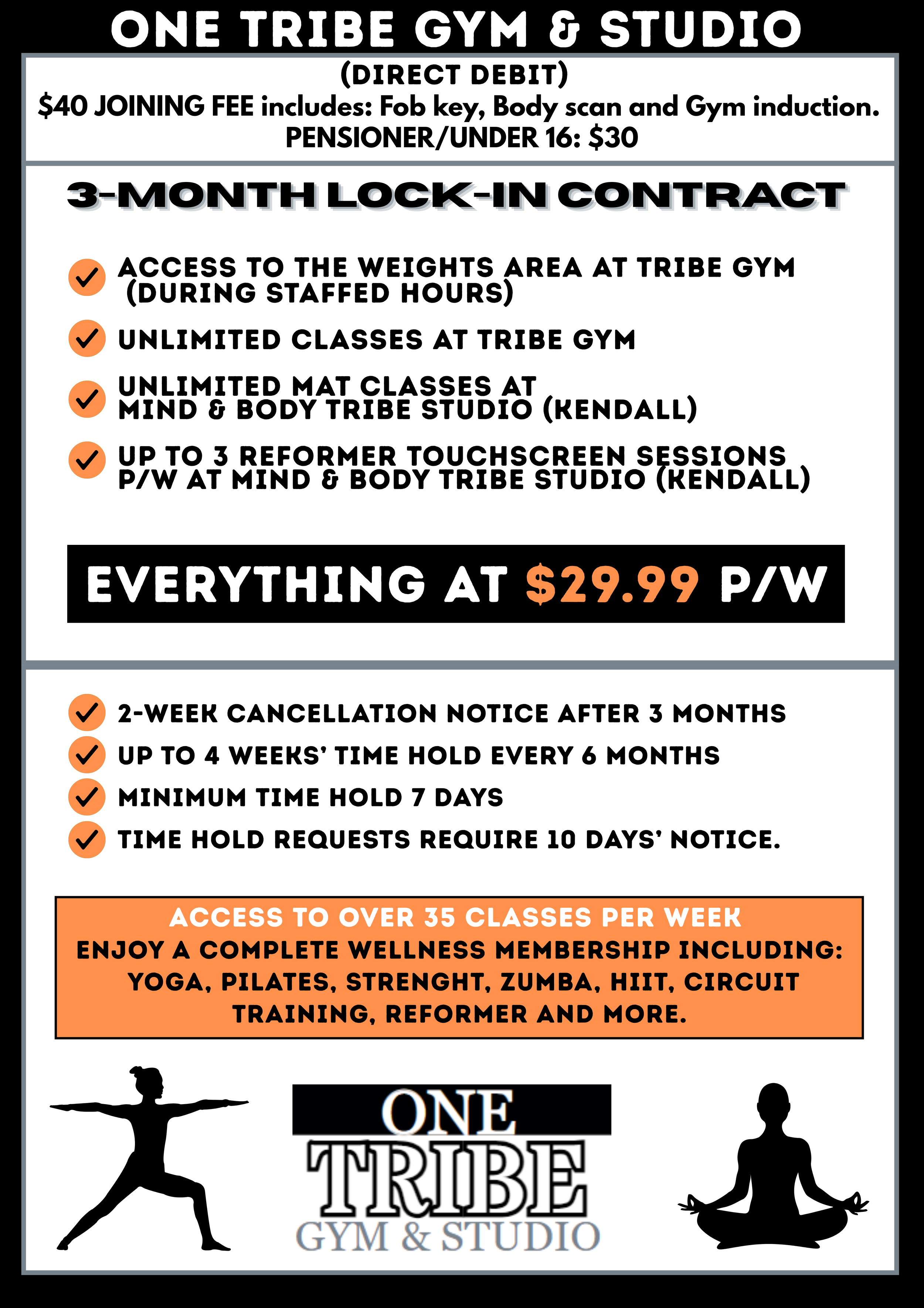 A promotional flyer for One Tribe Gym & Studio detailing membership pricing, benefits, and class offerings. Features include a $40 joining fee, a three-month lock-in contract, and access to various fitness classes and wellness programs. The flyer highlights the yoga studio and fitness classes, with black and orange accents, and silhouettes of a person practicing yoga.