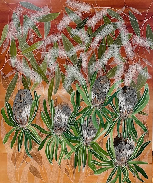 Kay Thurston, Tread Softly, acrylic on canvas, oak frame, 94cm x 78cm. $1,000