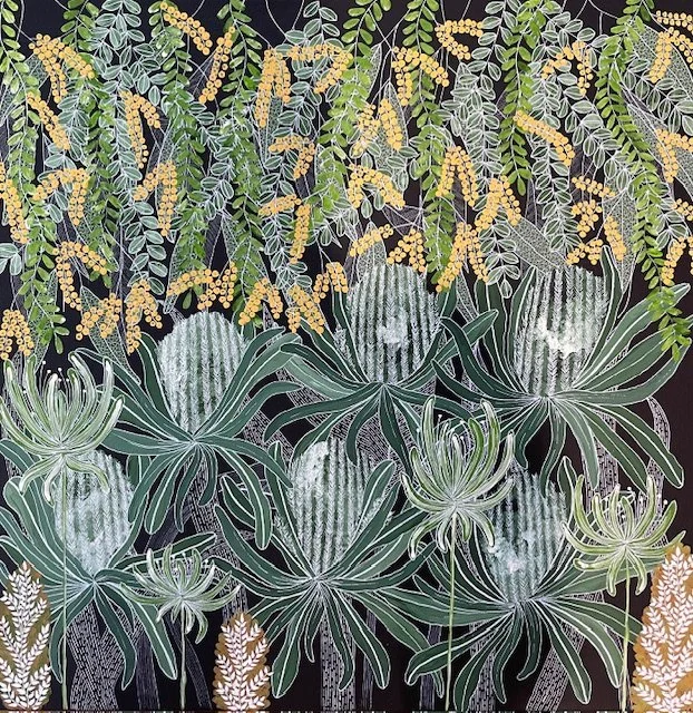 Kay Thurston, Gilded Canopy, acrylic on canvas, 64cm x 64cm. Floating oak frame. $950