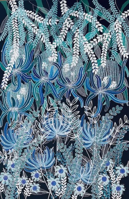 Kay Thurston, Blooms 'n Blues, acrylic on canvas, oak frame, 94cm x 64cm. $950