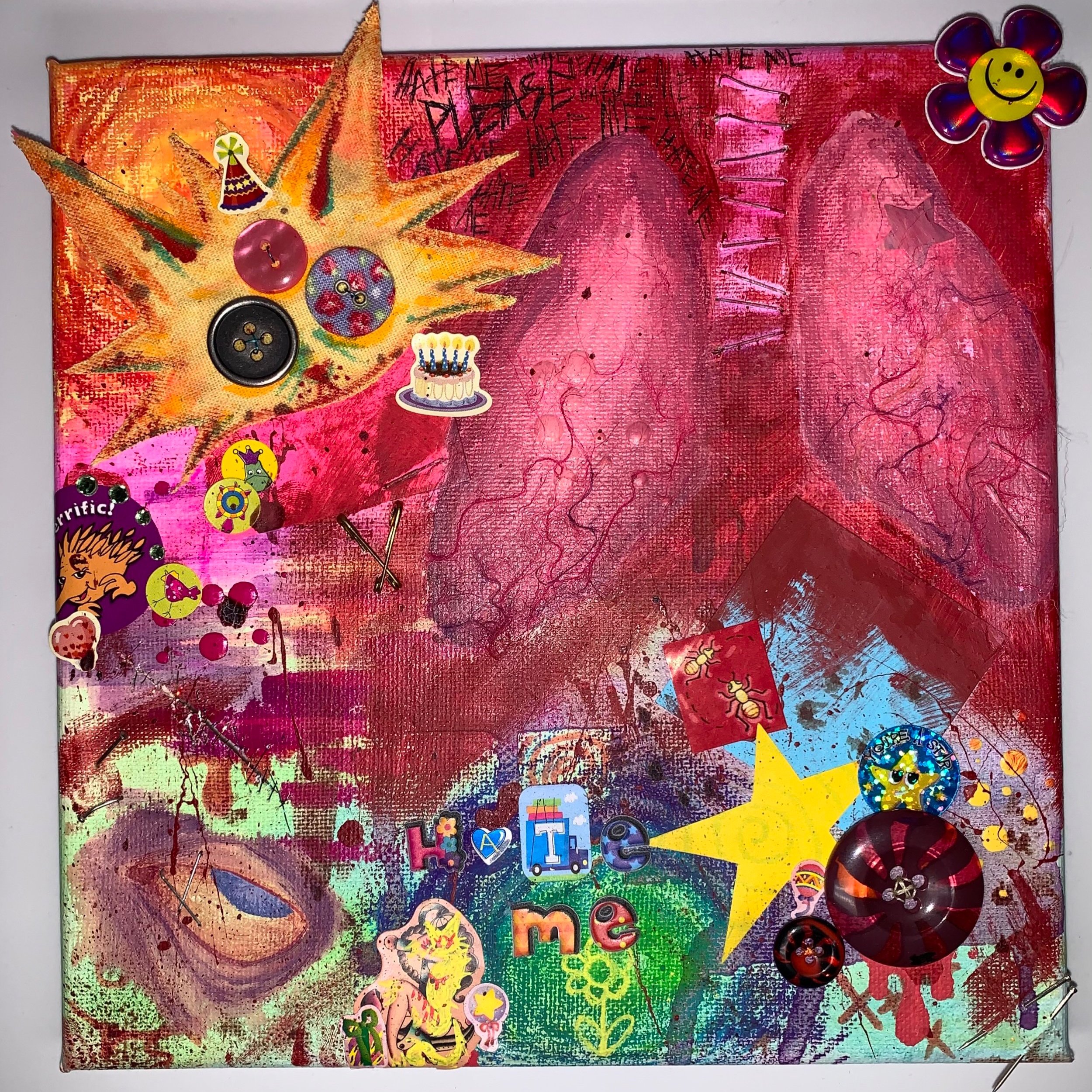 Kaitlyn Pelt, It's Just A Lot, mixed media on canvas, 15.6 x 15.6cm including extruding pieces. $300