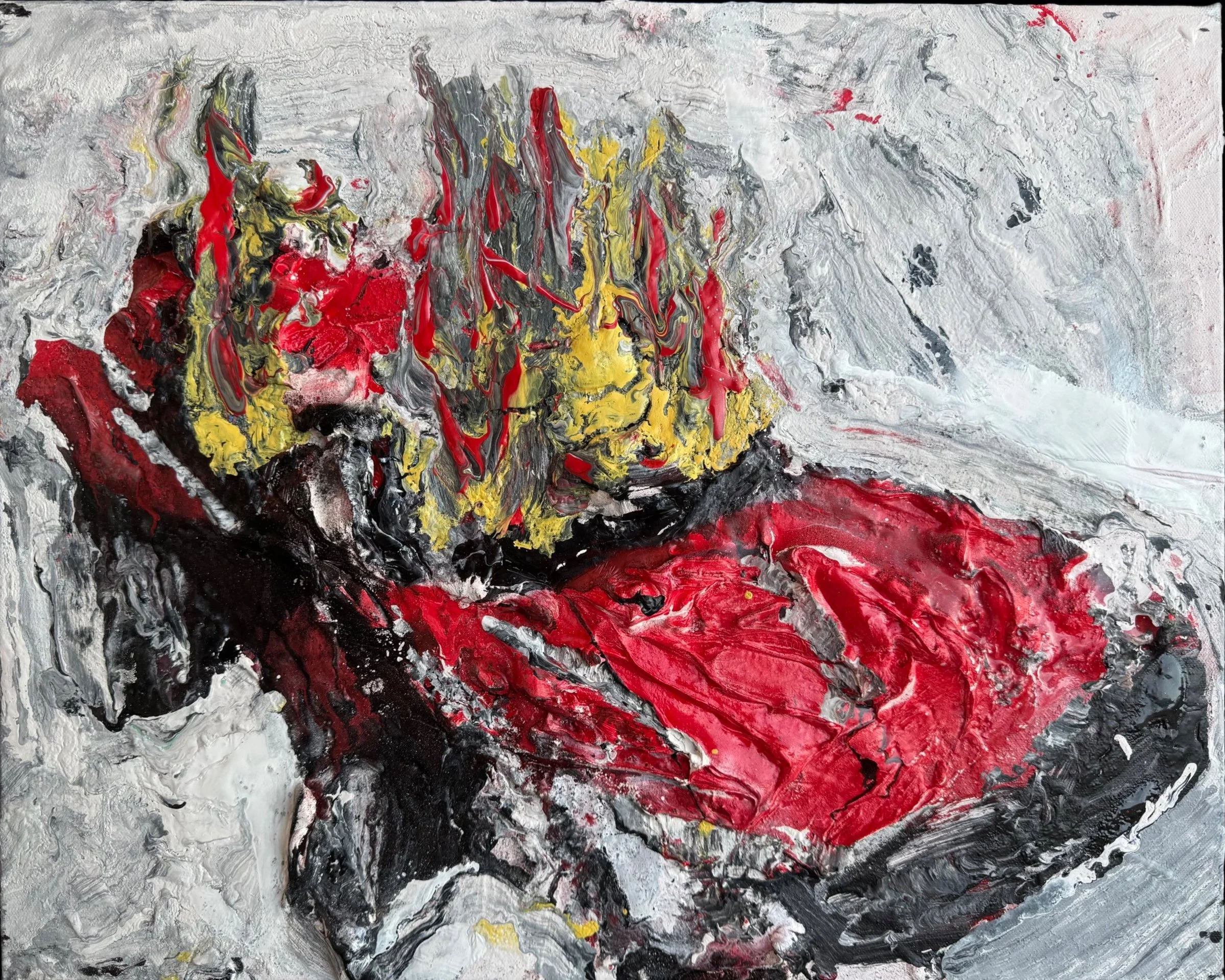 Andrew Plush, Red car (fire), enamel and gyprock on canvas, 40 x 50cm. $250
