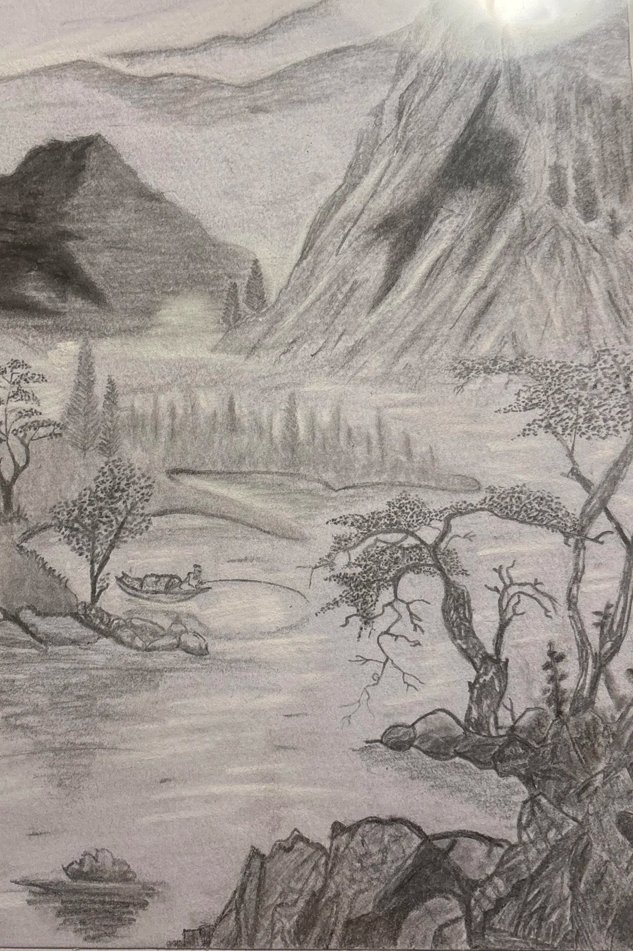 Nathaniel Sunzhong, Calm Meadow, pencil and charcoal on paper, 30cm x 37 cm.