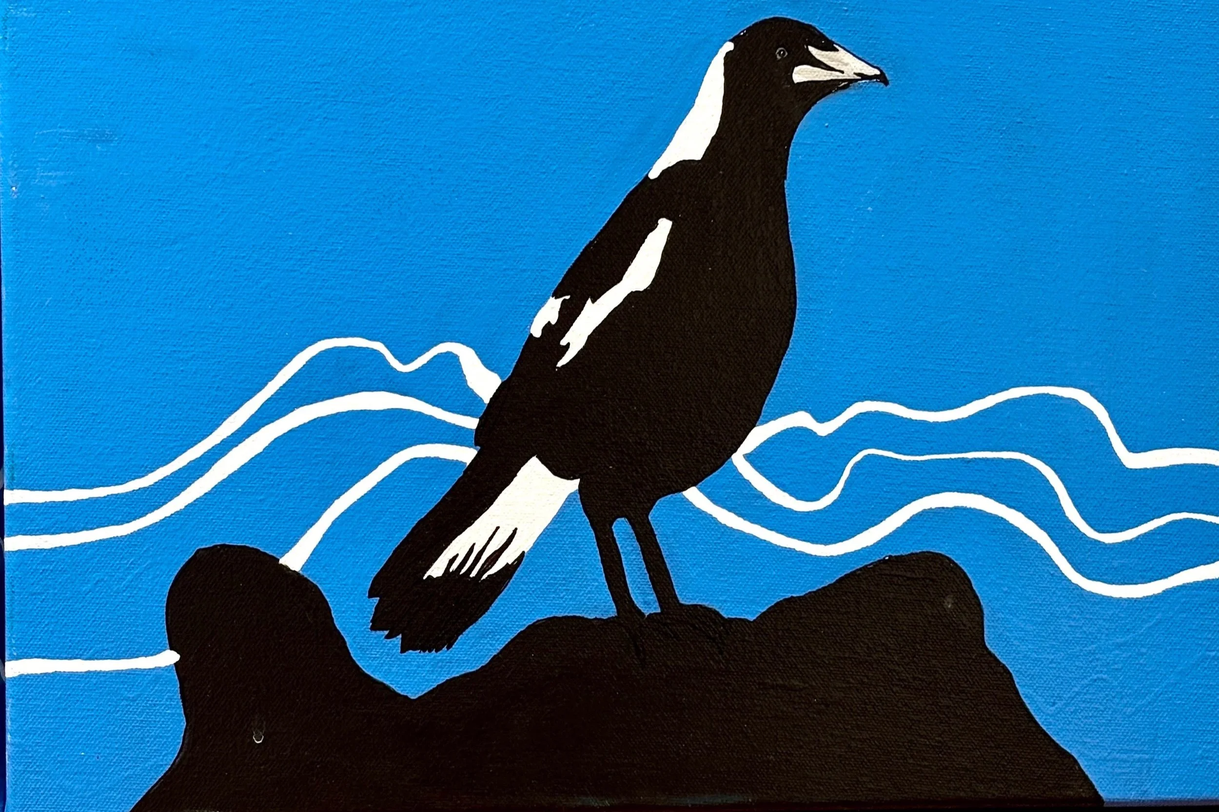 Norma Flint, Magpie Triptych, 3/3, acrylic on canvas, 31cm x 41cm, $150. 