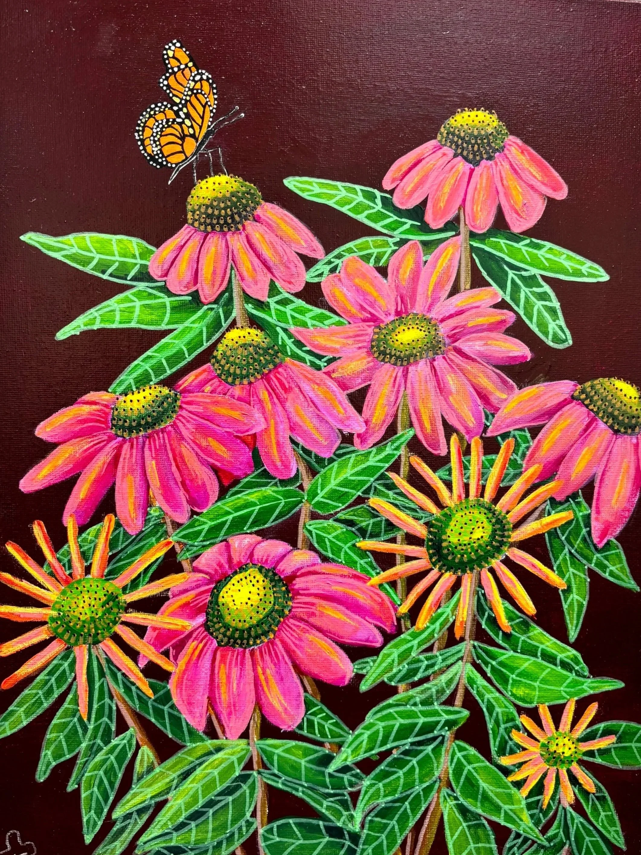 Norma Flint, Blooming Echinacea, acrylic on canvas, 31cm x 41cm, $350